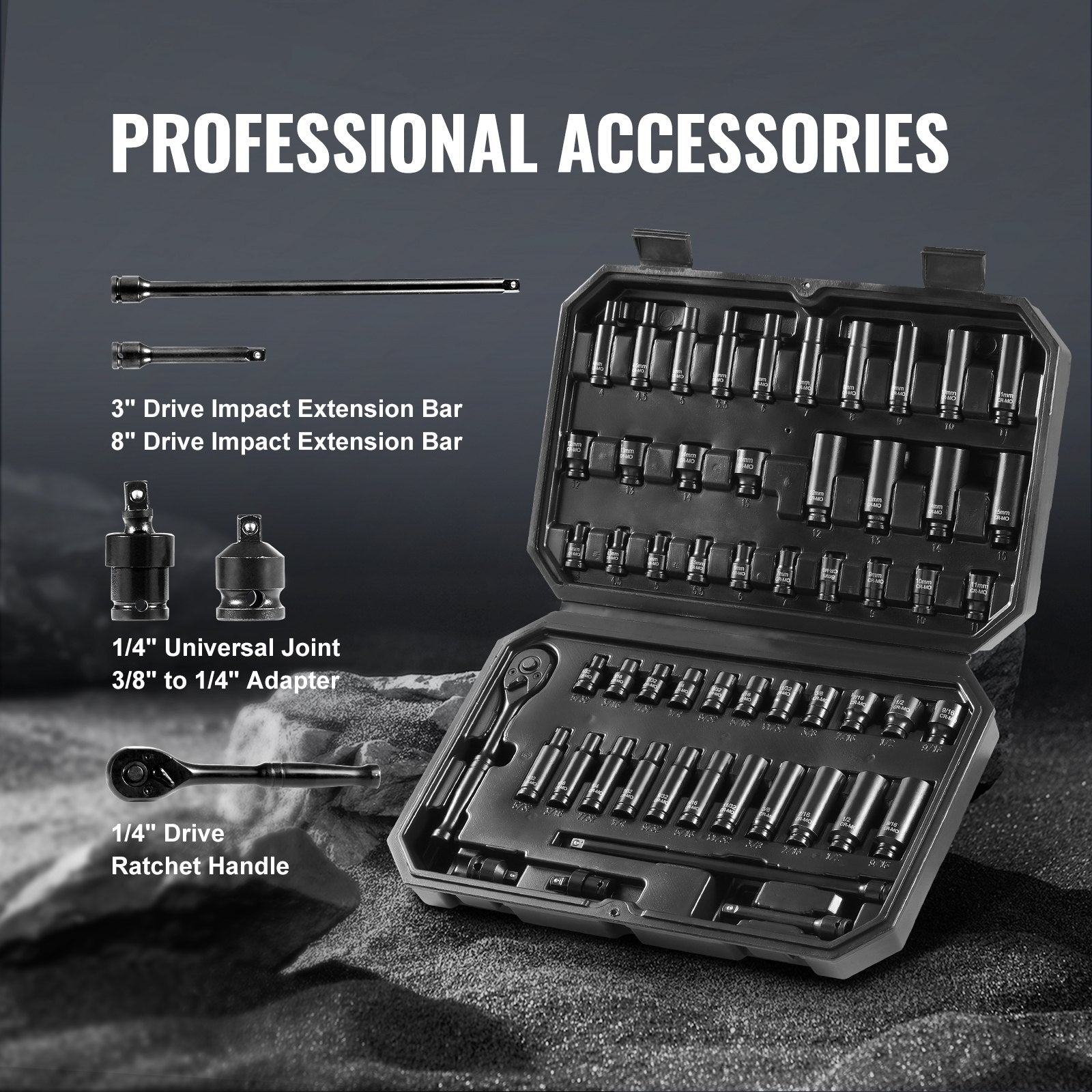 Impact Socket Set 1/4" Drive 55-Piece SAE & Metric 4-15mm Deep & Shallow 6-Point