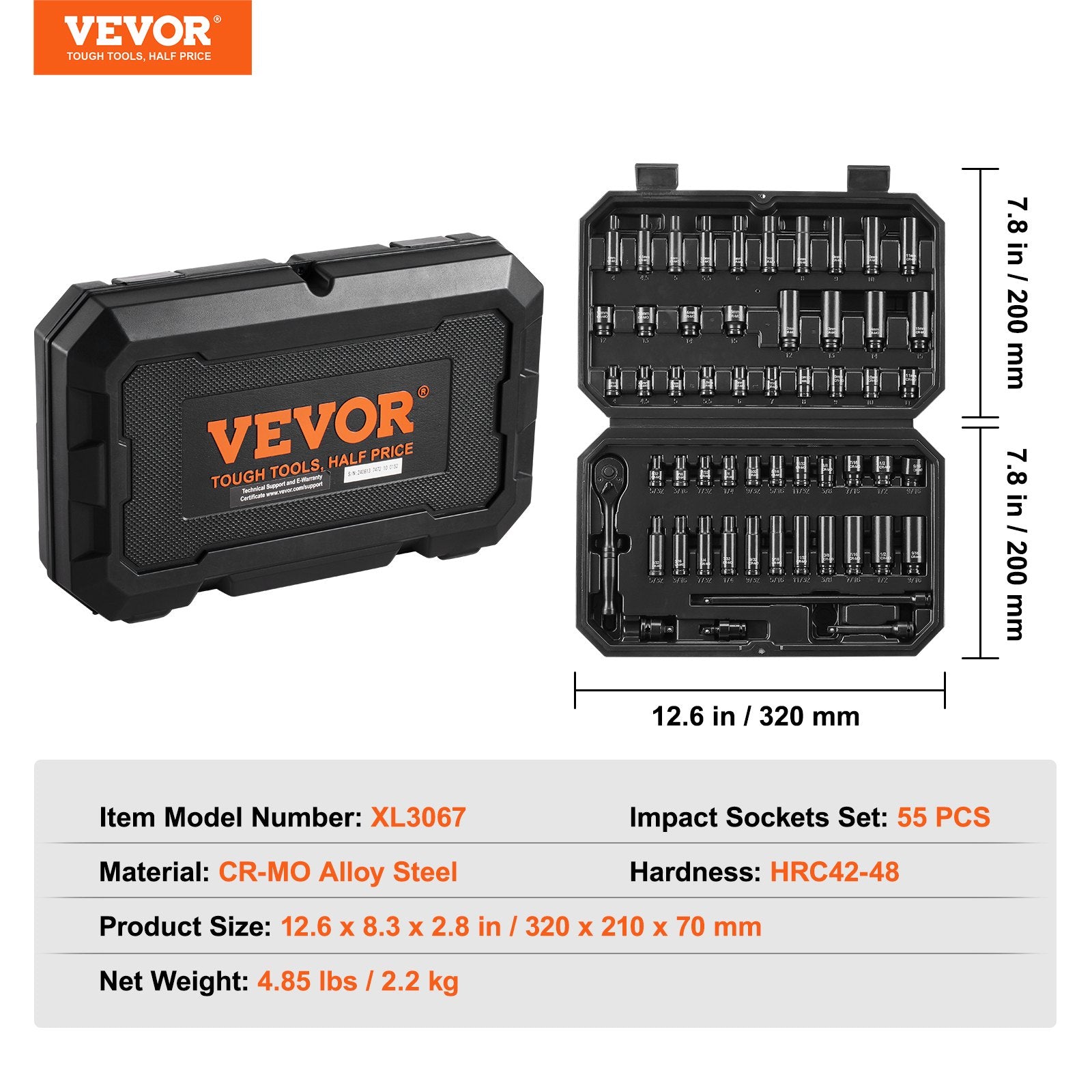 Impact Socket Set 1/4" Drive 55-Piece SAE & Metric 4-15mm Deep & Shallow 6-Point