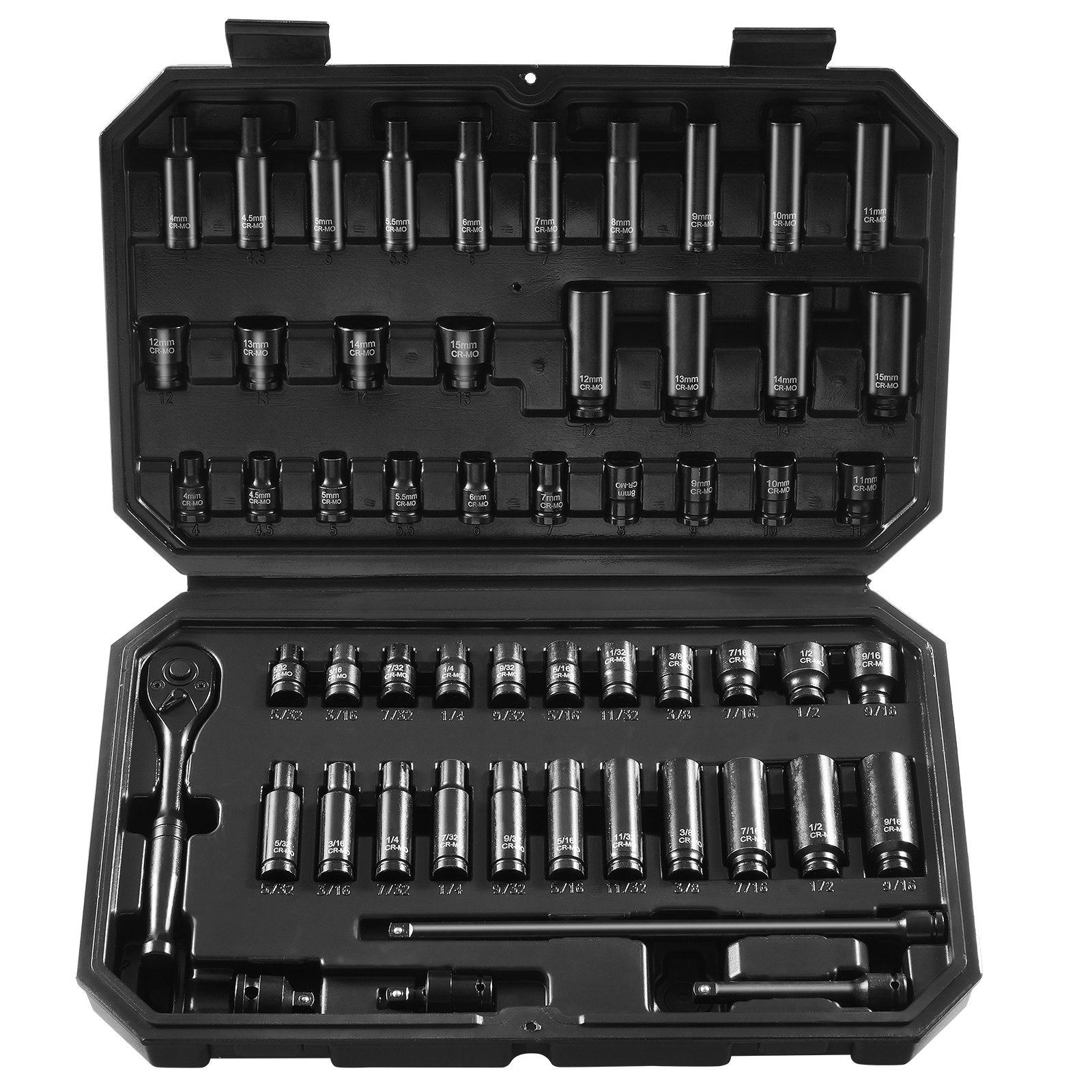 Impact Socket Set 1/4" Drive 55-Piece SAE & Metric 4-15mm Deep & Shallow 6-Point