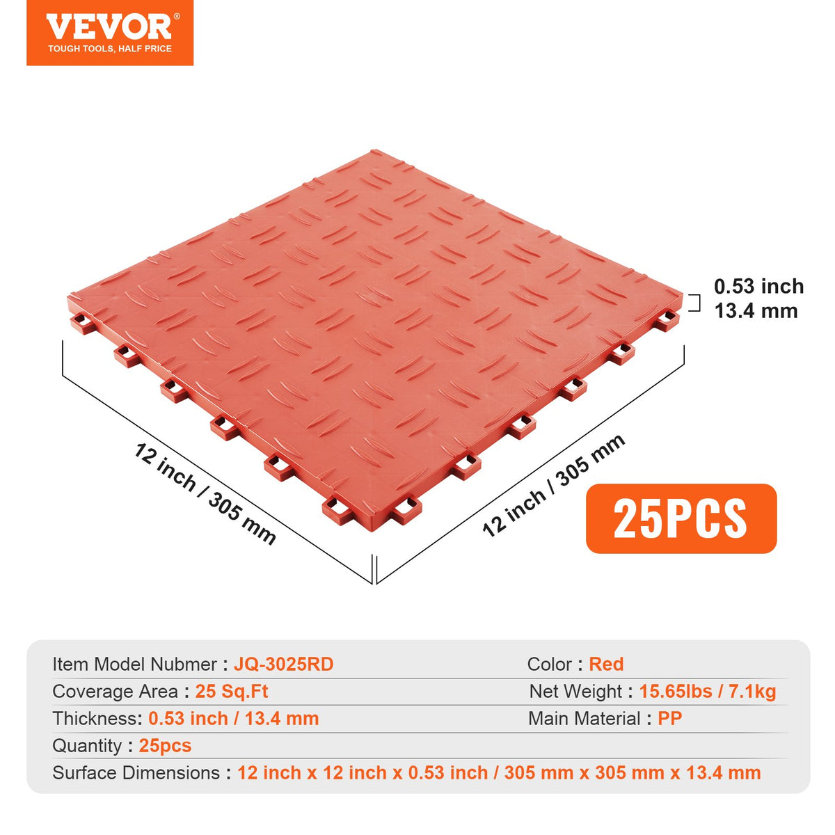 Garage Tiles Interlocking Non-Slip Floor Covering 25 Pack 12x12x0.53 Inch Red