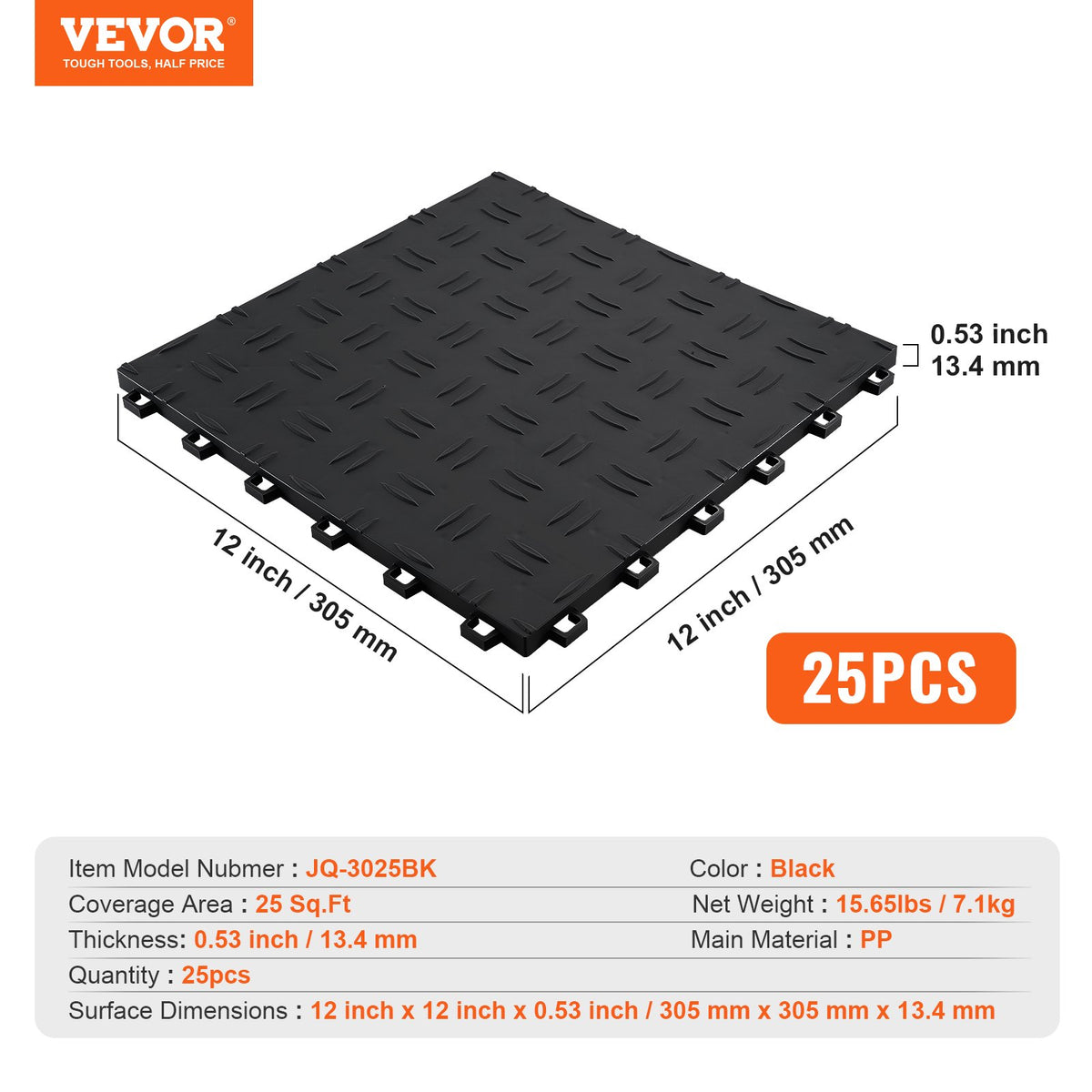 Interlocking Garage Floor Tiles 12x12x0.53in Non-Slip 25 Pack Black
