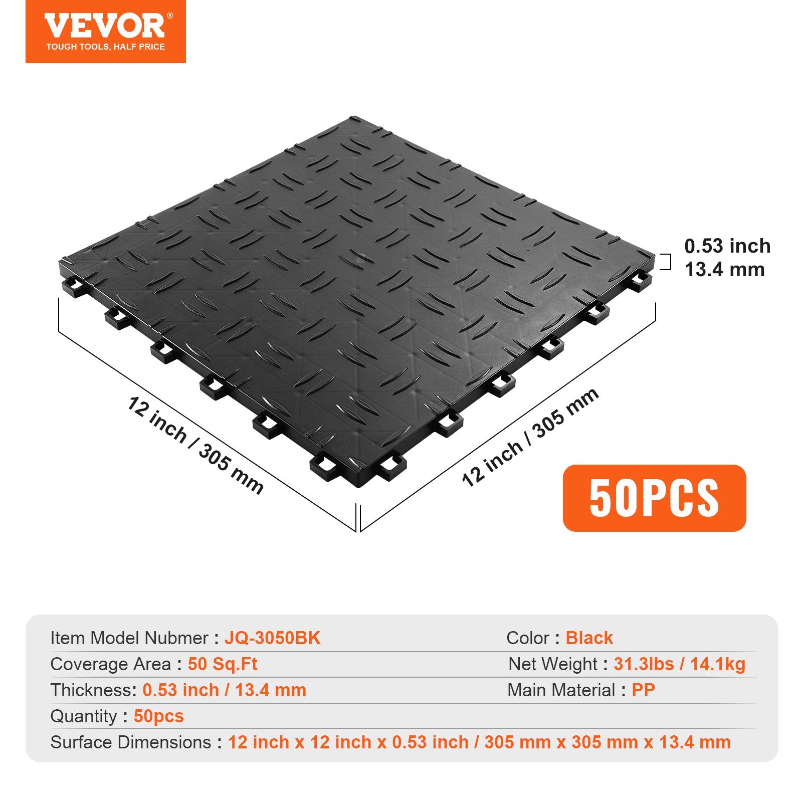 Garage Tiles Interlocking Non-Slip Floor Covering 50 Pack 12x12x0.53 Inch