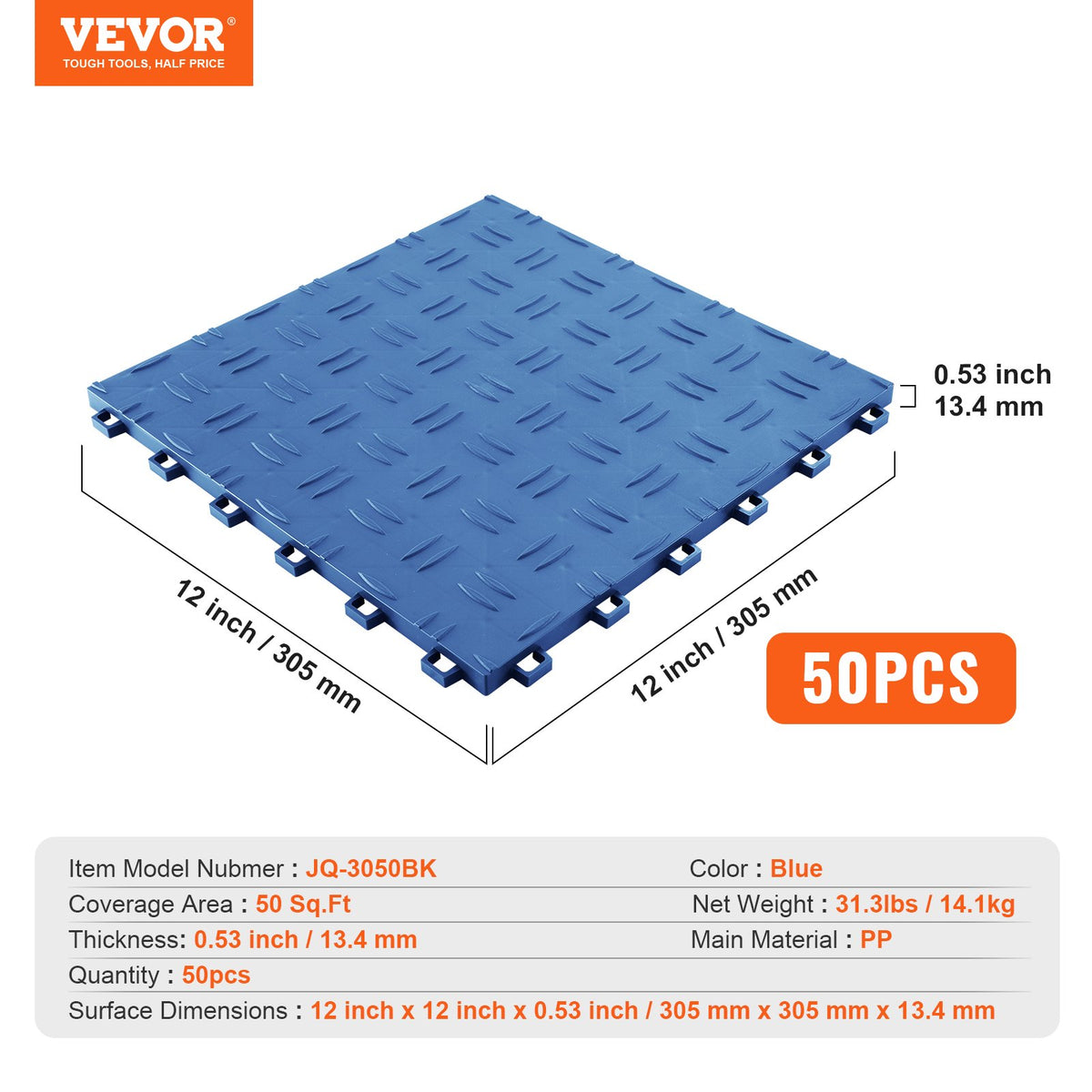 Garage Tiles Interlocking 12 x 12 x 0.53 in 50-Pack NonSlip Blue Garage Flooring