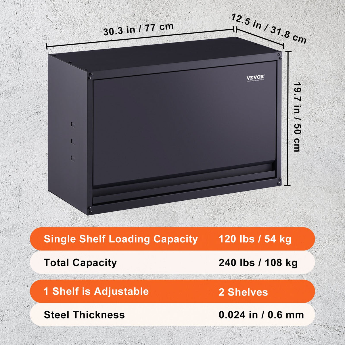 Storage Cabinet Wall-Mounted Metal with Adjustable Shelf 54kg per Shelf