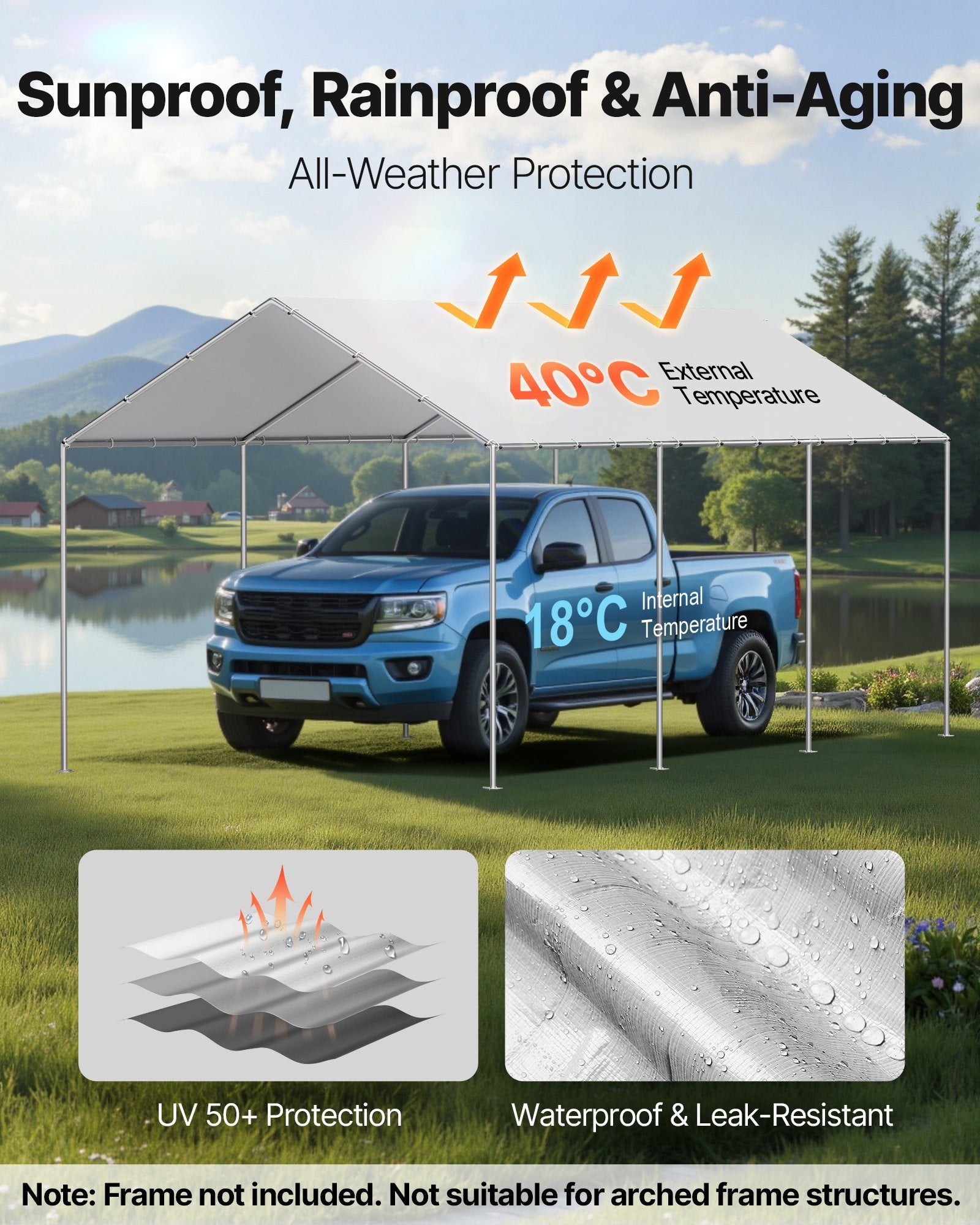 Carport Replacement Canopy 6x3m UV-Resistant Waterproof Heavy Duty Cover Grey
