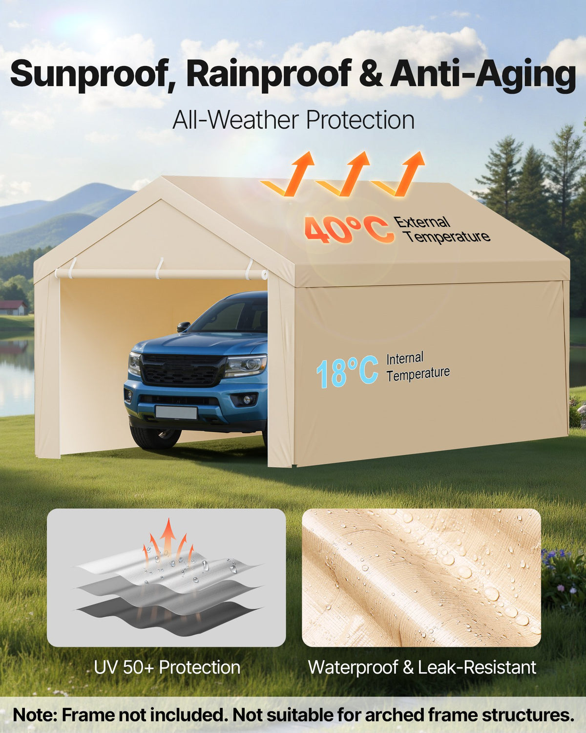 Carport Replacement Canopy 6x3m Garage Tent Top Tarp Sidewalls Waterproof Beige