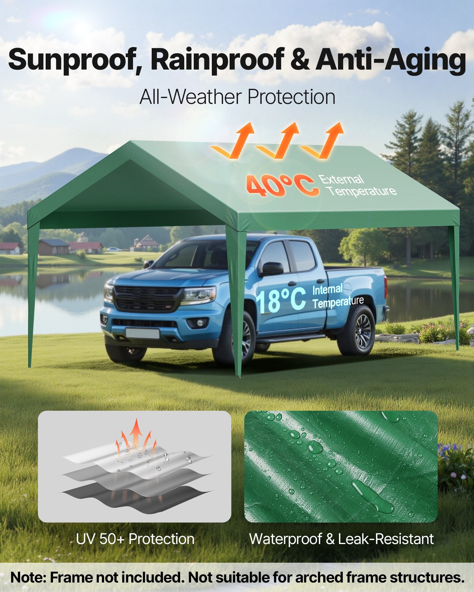 Carport Replacement Canopy 6x3m Waterproof UV Resistant Garage Tent Tarp Green