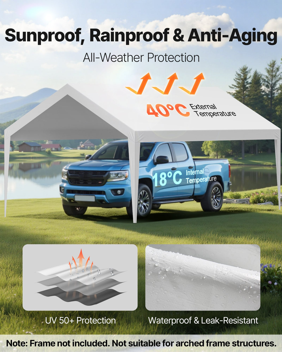 6 x 3.6 m Carport Replacement Canopy White UV-Resistant Waterproof Tarp