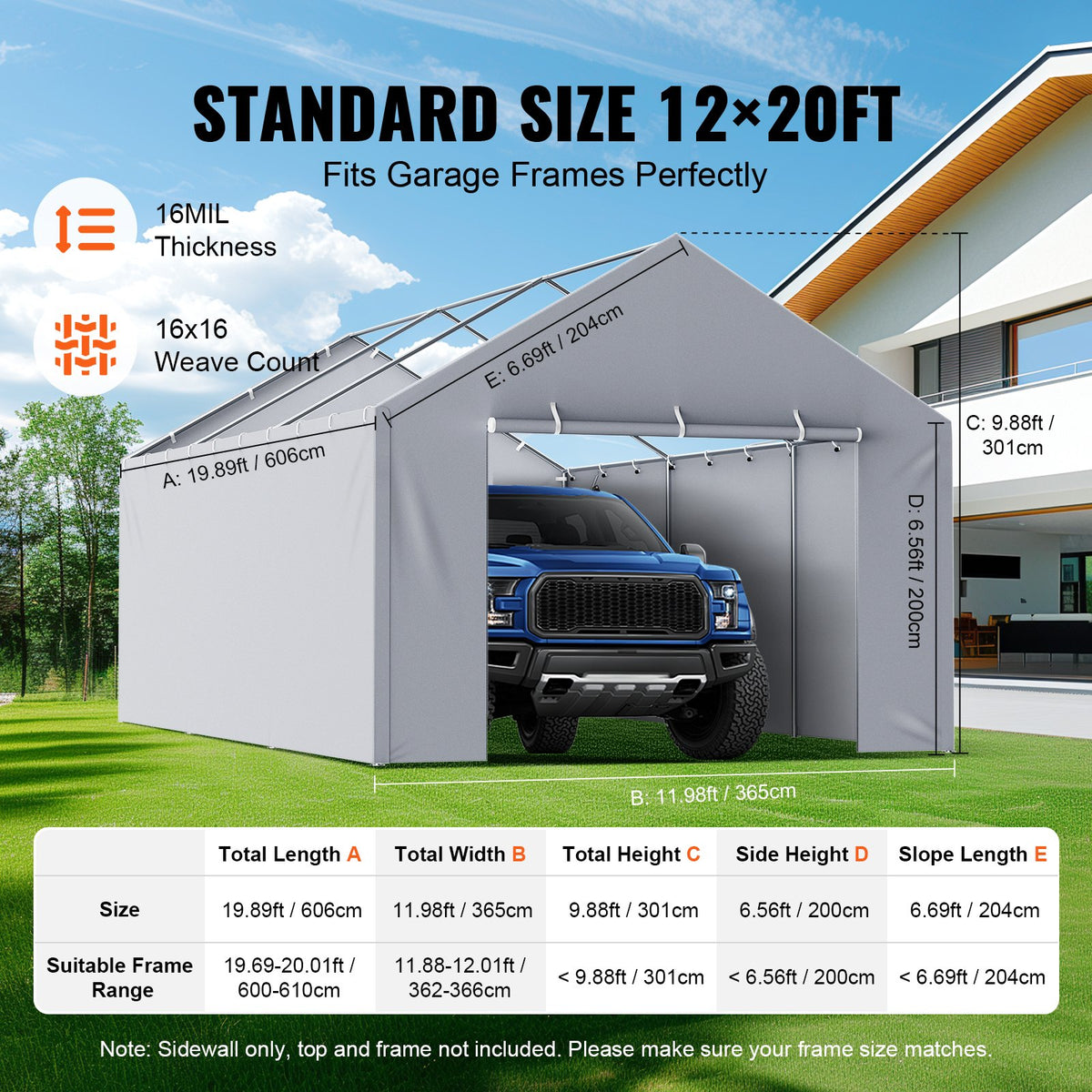 Carport Replacement Canopy Cover Side Wall 6x3.6m Waterproof UV Protected Grey
