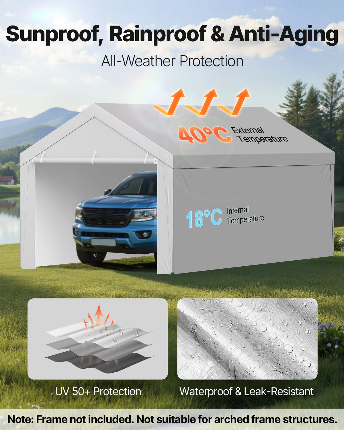 Carport Replacement Canopy 6x3.6m Garage Tent Top Tarp Sidewalls Waterproof Grey