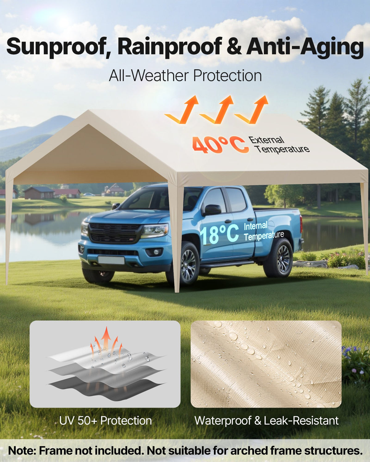 6 x 3.6 m Carport Replacement Canopy, UV-Resistant Waterproof Heavy Duty Tarp