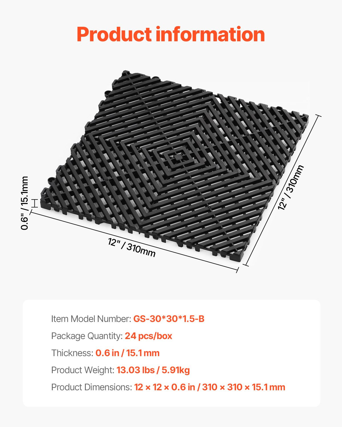 Interlocking Drainage Mat 31x31cm 24Pcs Non-Slip PP Floor Tile Garage Garden
