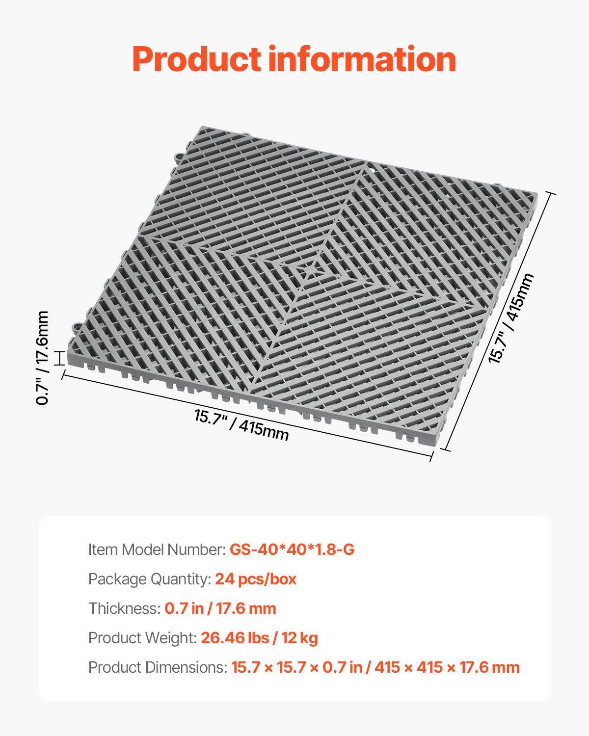 Interlocking Drainage Mat 41.5x41.5cm 24Pcs Non-Slip PP Floor Tile for Outdoor