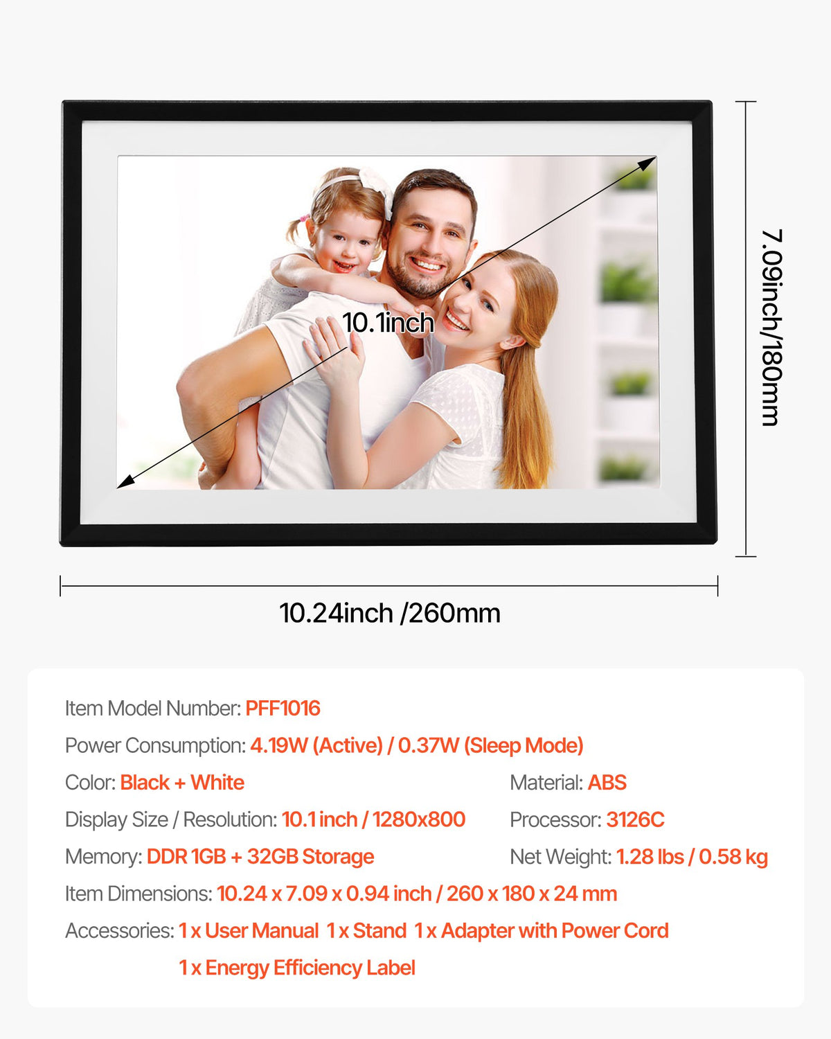 10.1" Digital Picture Frame 1280x800 Touch Screen 32GB WiFi
