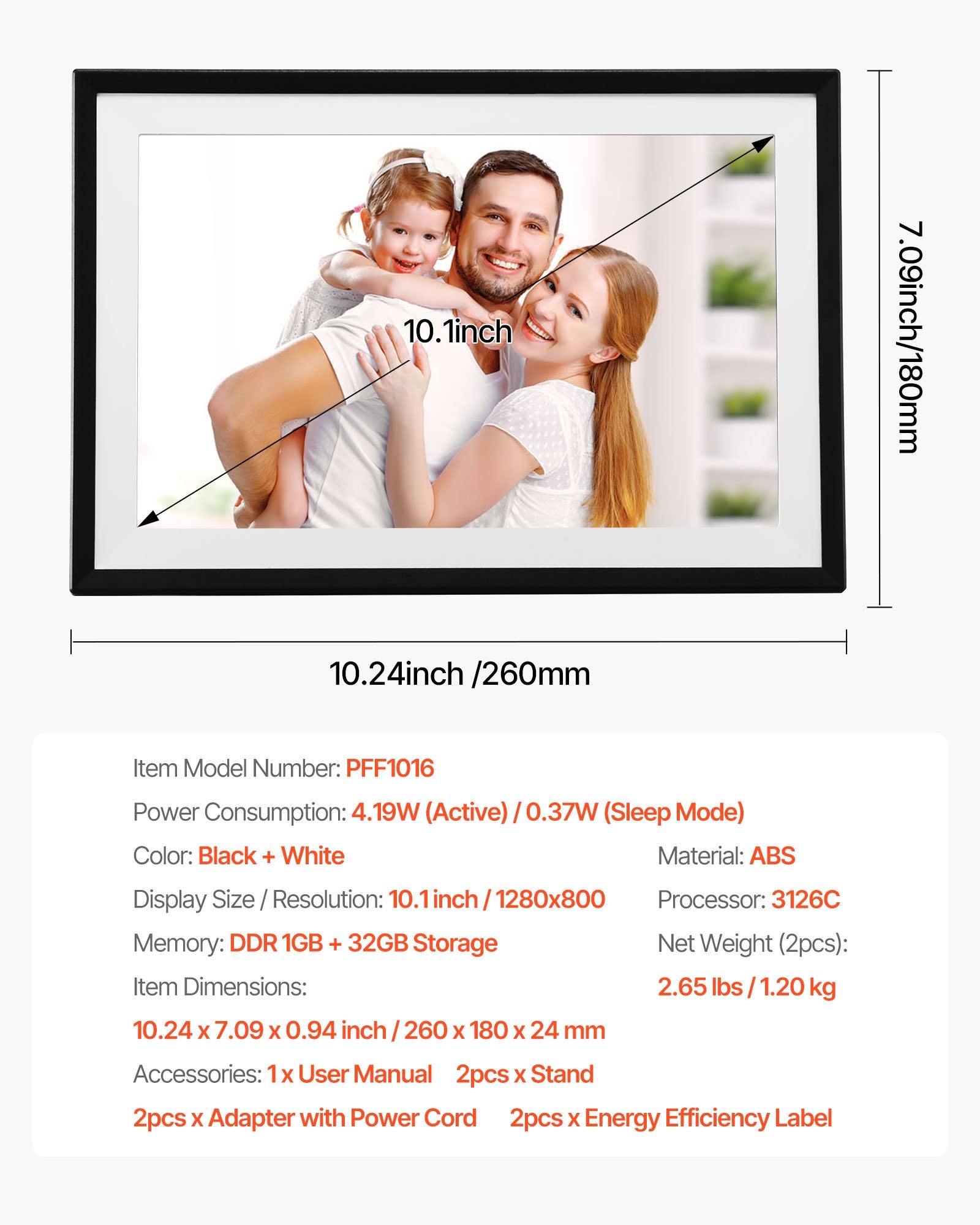 260mm Digital Picture Frames 2-PK 1280x800 HD IPS Touch Screen 32GB Auto-Rotate