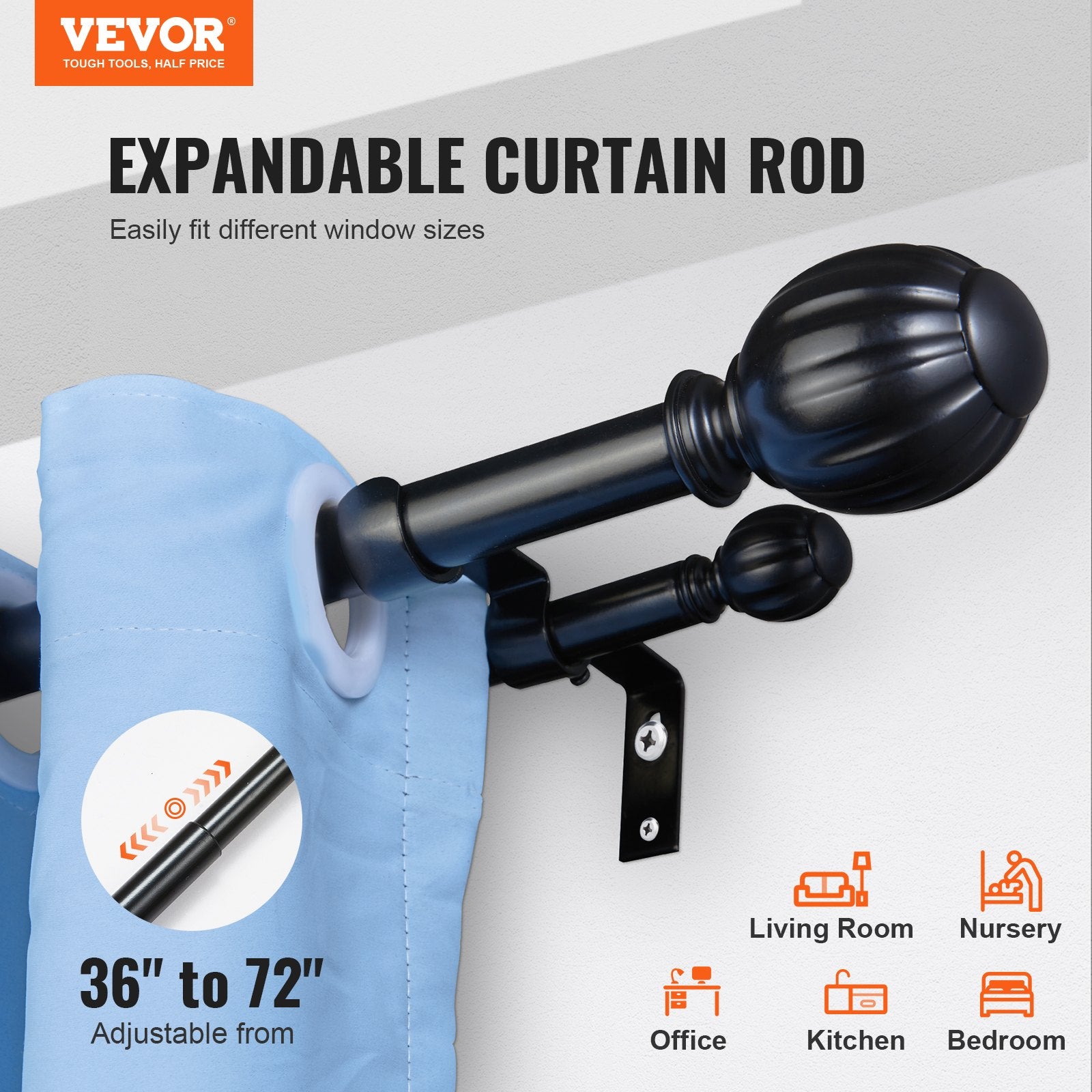 Curtain Rod Double 36-72 Inch Adjustable Black Round Finials 1 and 3/4 Inch