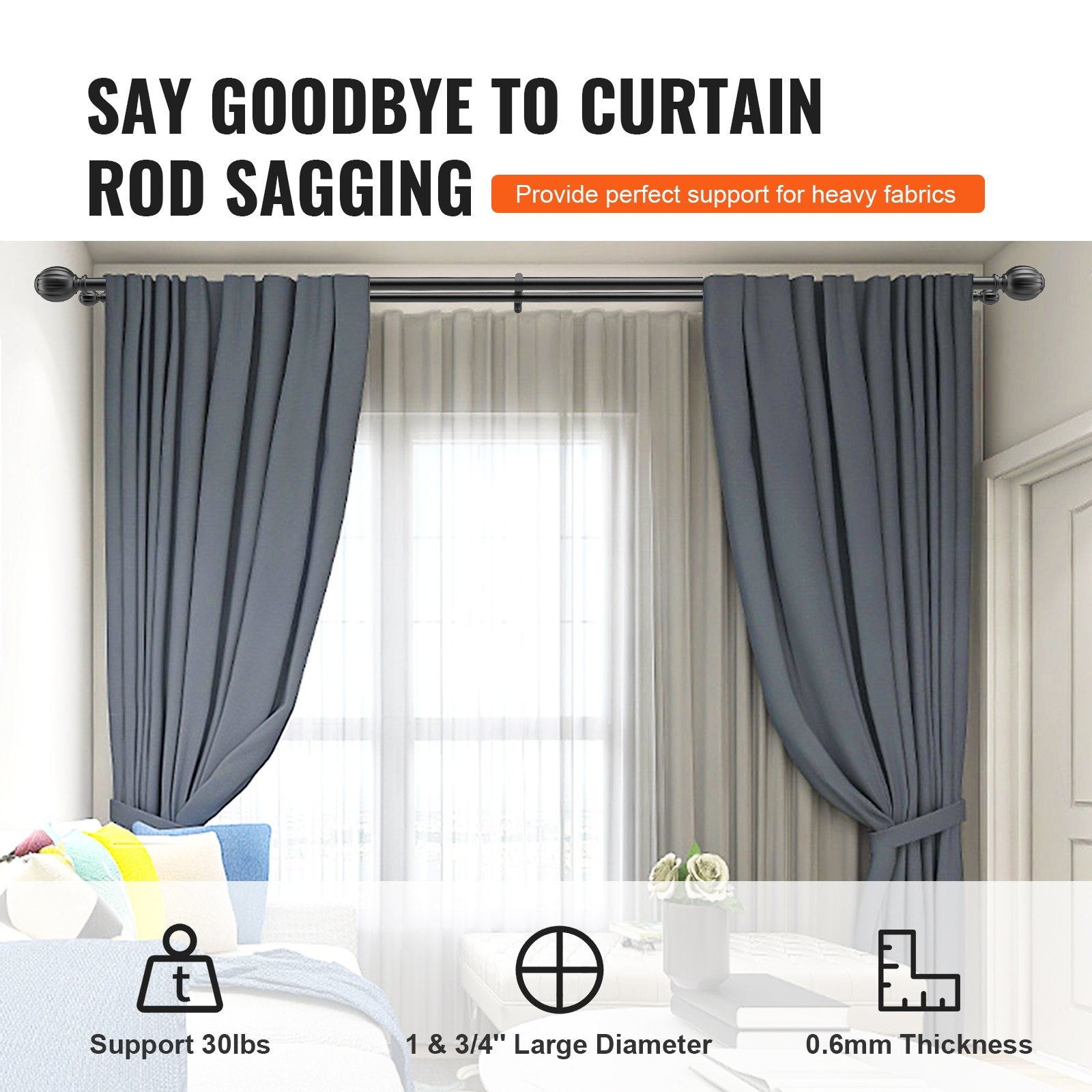 Curtain Rod Double 36-72 Inch Adjustable Black Round Finials 1 and 3/4 Inch