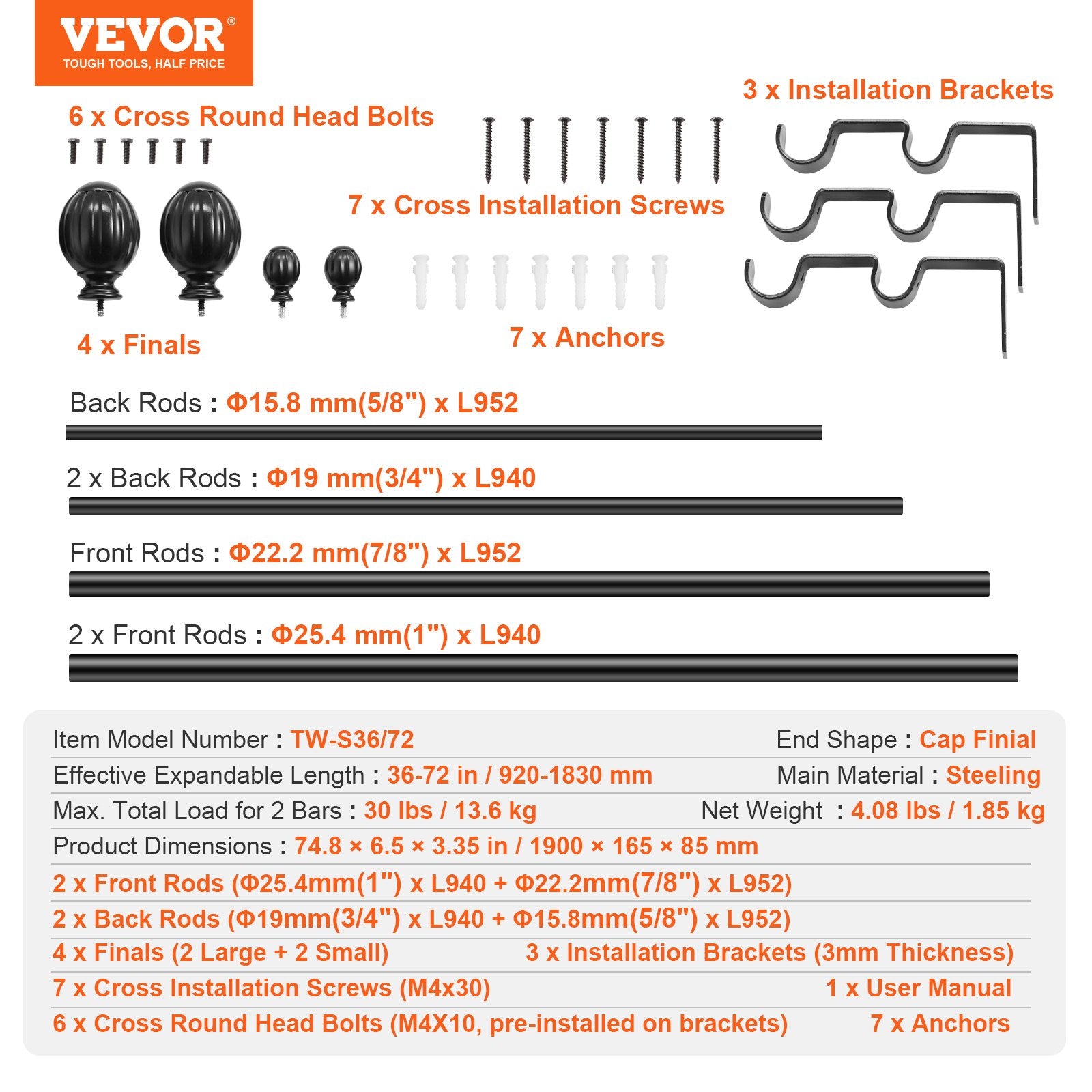 Curtain Rod Double 36-72 Inch Adjustable Black Round Finials 1 and 3/4 Inch