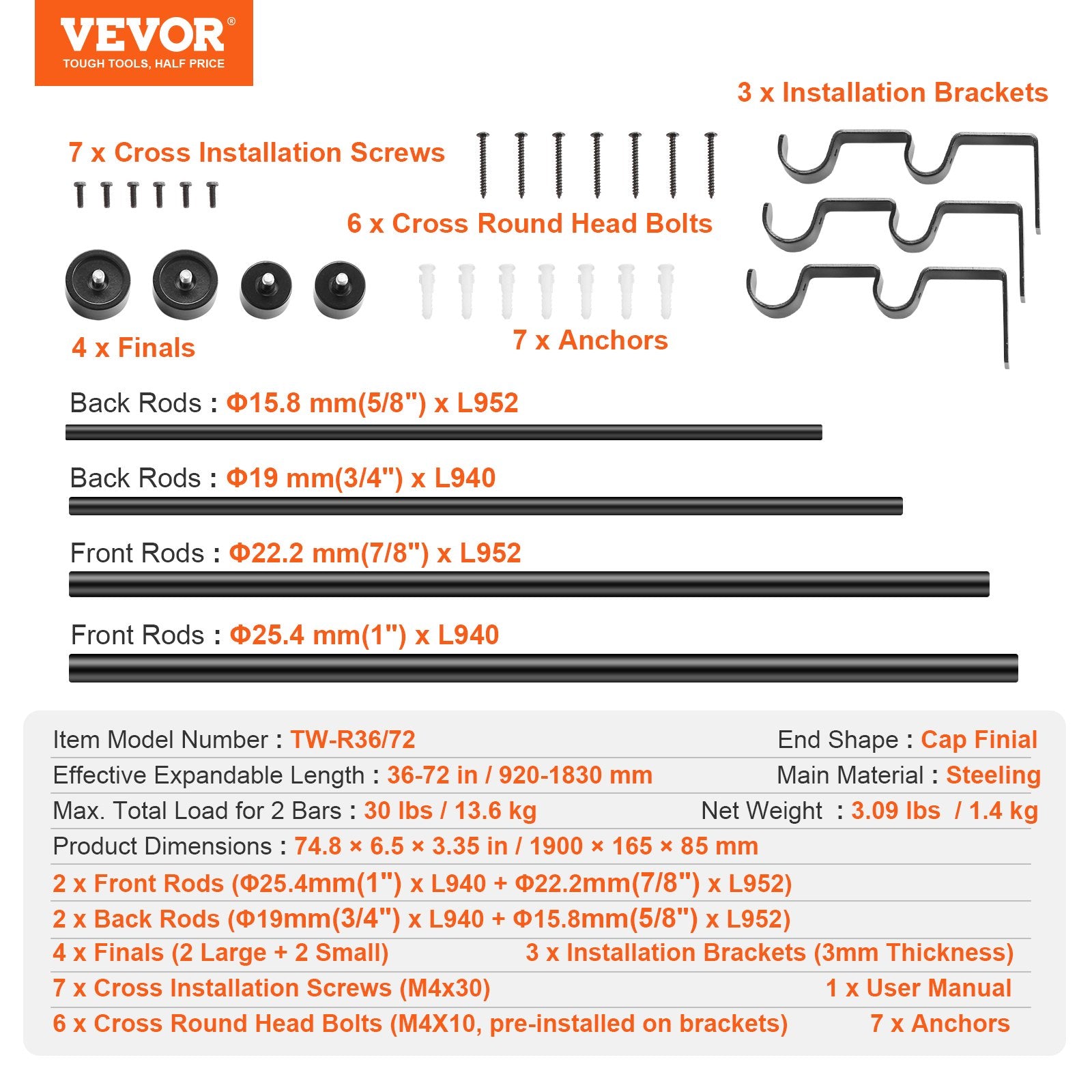Double Rod Curtain 36-72" Adjustable, Black with Cap Finials, 1" & 3/4" Diameter