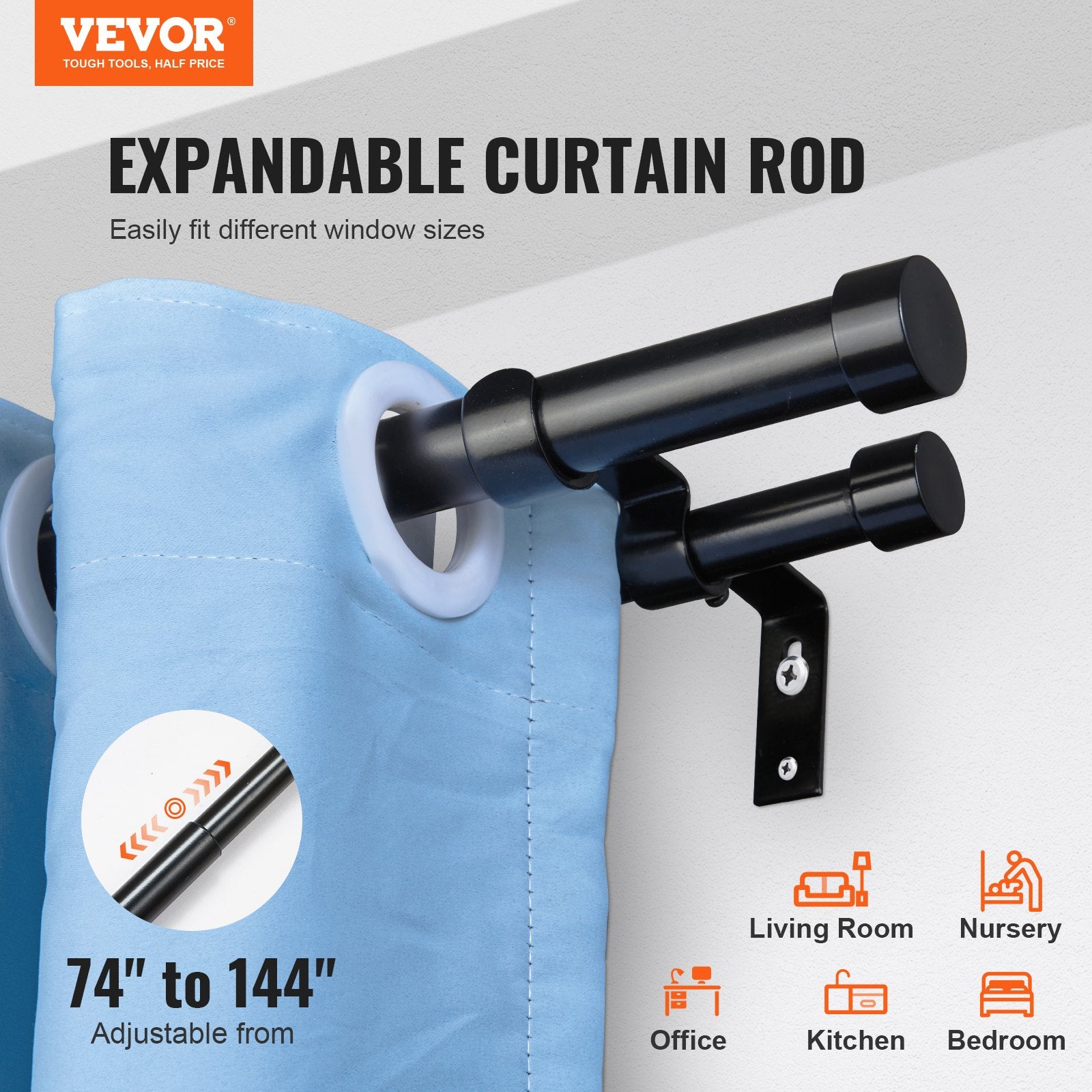 Double Rod Curtain Rods 72-144in Black Adjustable Drapery Rods with Finials