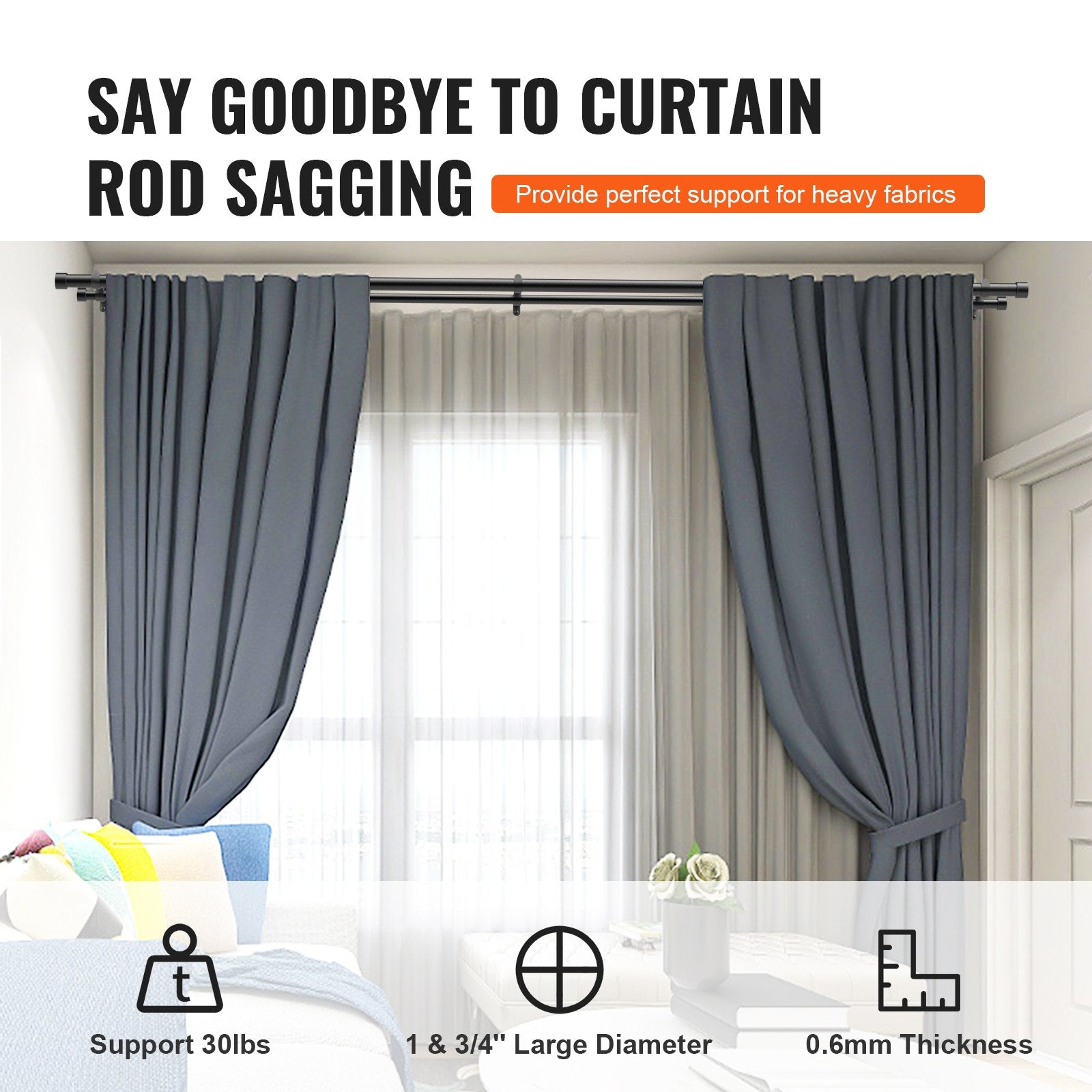 Double Rod Curtain Rods 72-144in Black Adjustable Drapery Rods with Finials