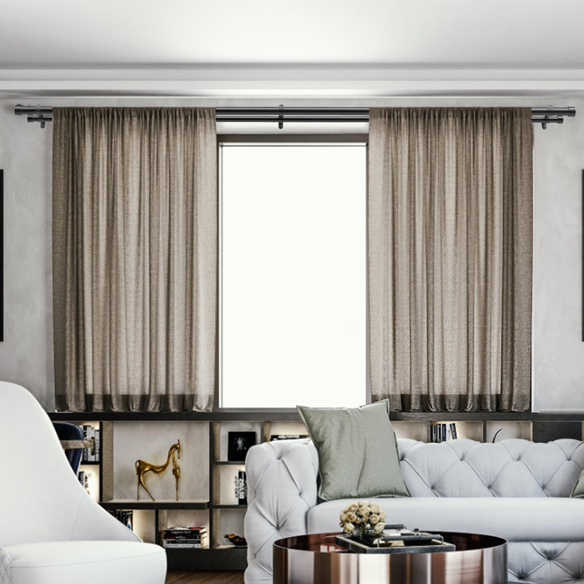 Double Rod Curtain Rods 72-144in Black Adjustable Drapery Rods with Finials