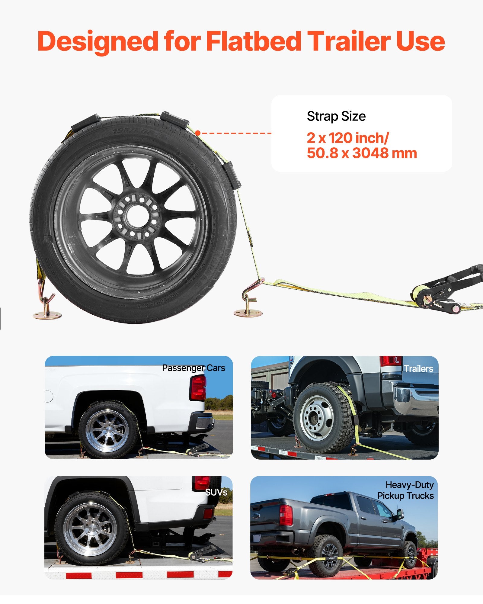 Wheel Chock Tie-Down Kit, DeckStyle Trailer Strap with J-Hook, 4540kg Break Load