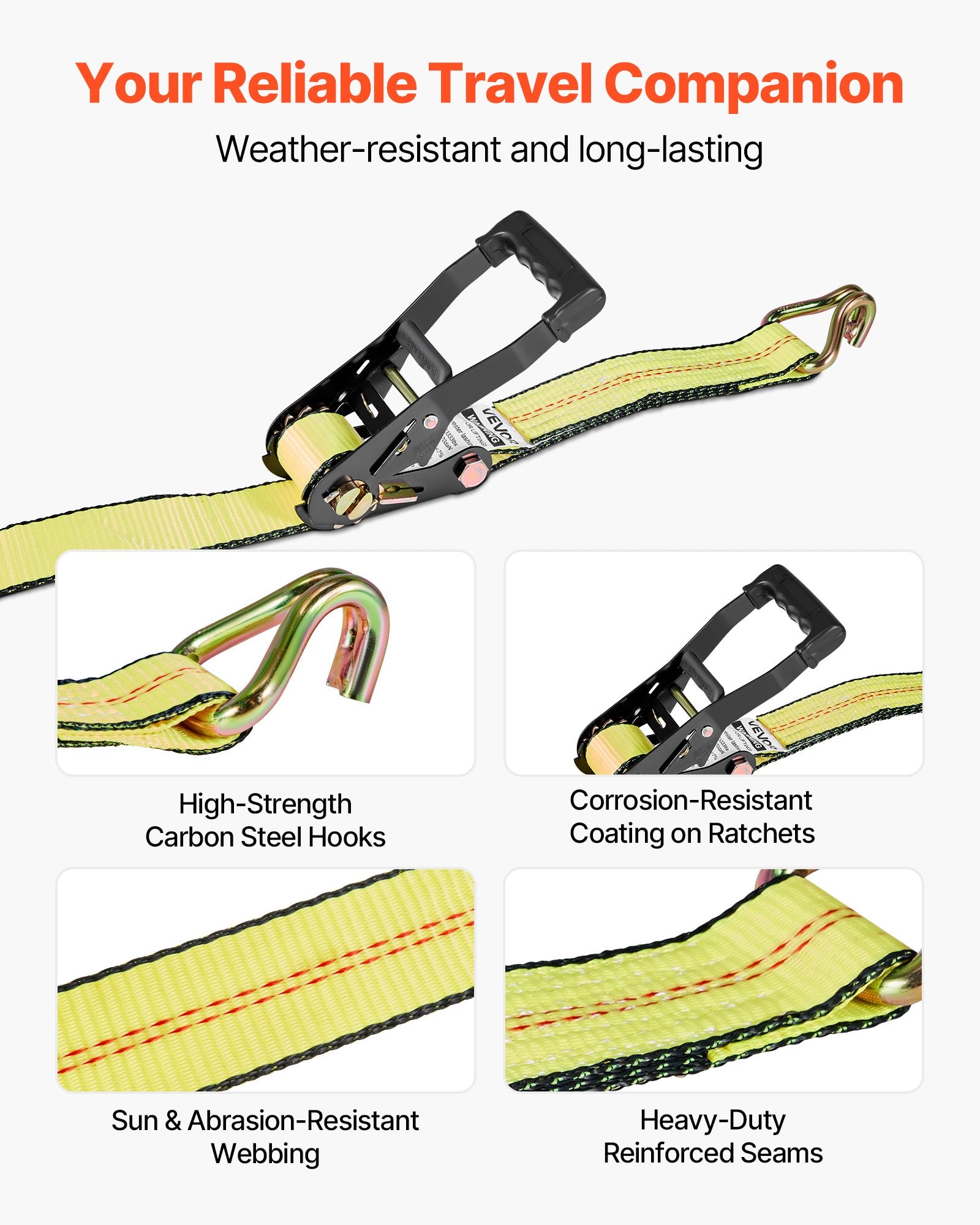 Wheel Chock Tie-Down Kit, DeckStyle Trailer Strap with J-Hook, 4540kg Break Load