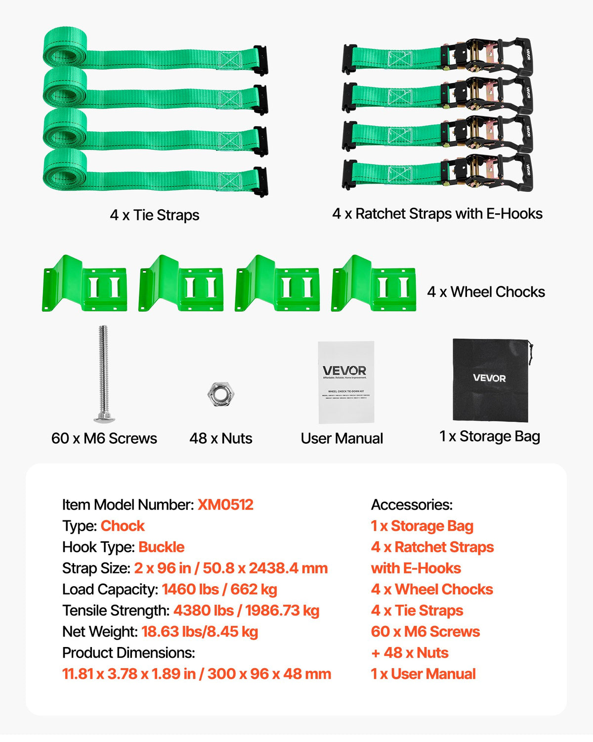 Wheel Chock Tie-Down Kit Chock-Style Trailer Strap Buckle E-Hooks 1986kg