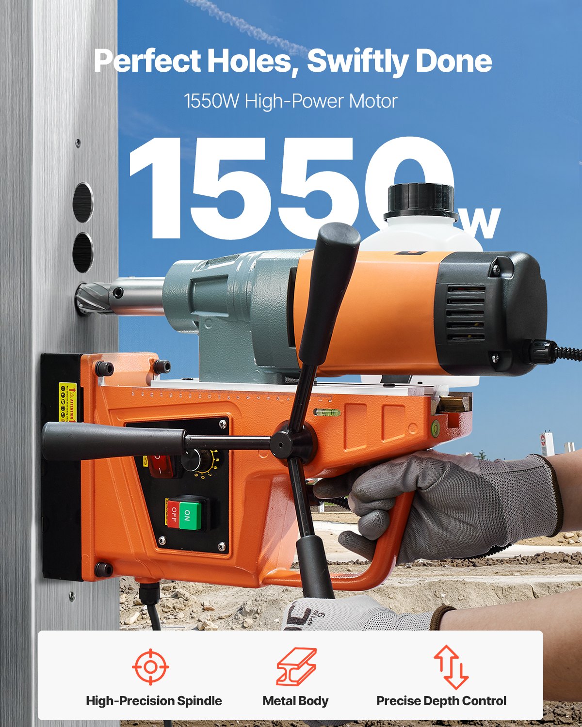 1550W Magnetic Drill Press 2 in Boring Diameter Variable Speed for Metal