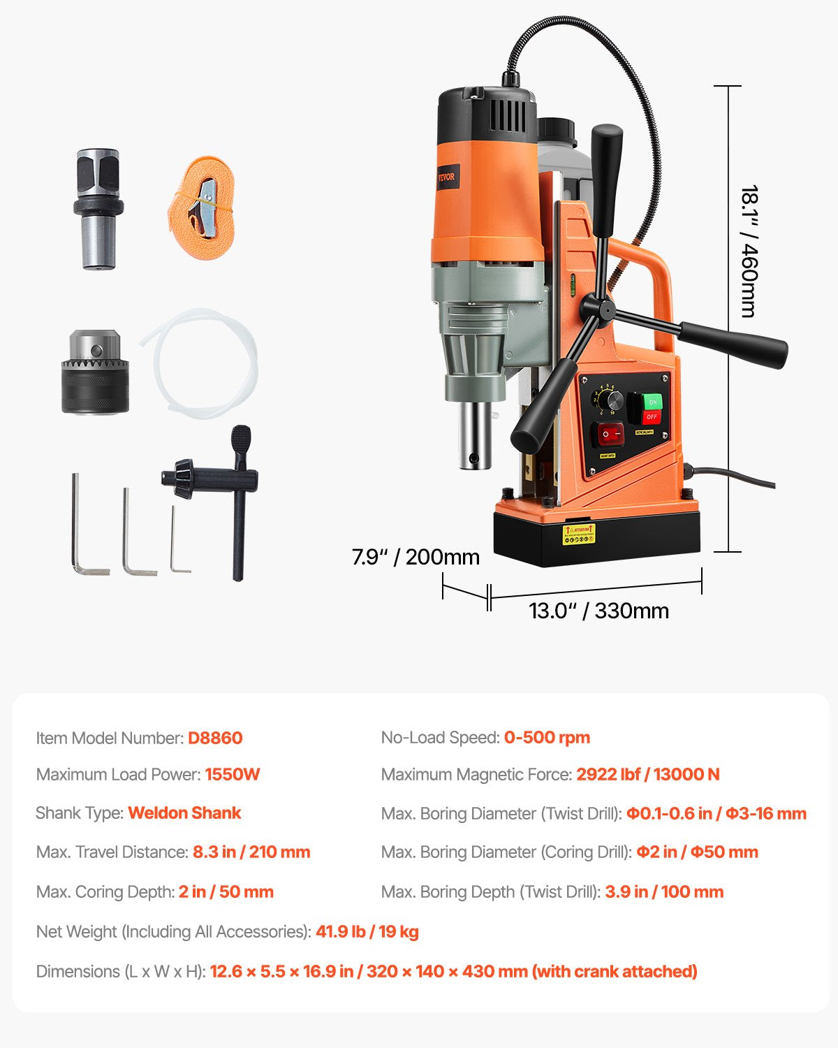 1550W Magnetic Drill Press 2 in Boring Diameter Variable Speed for Metal