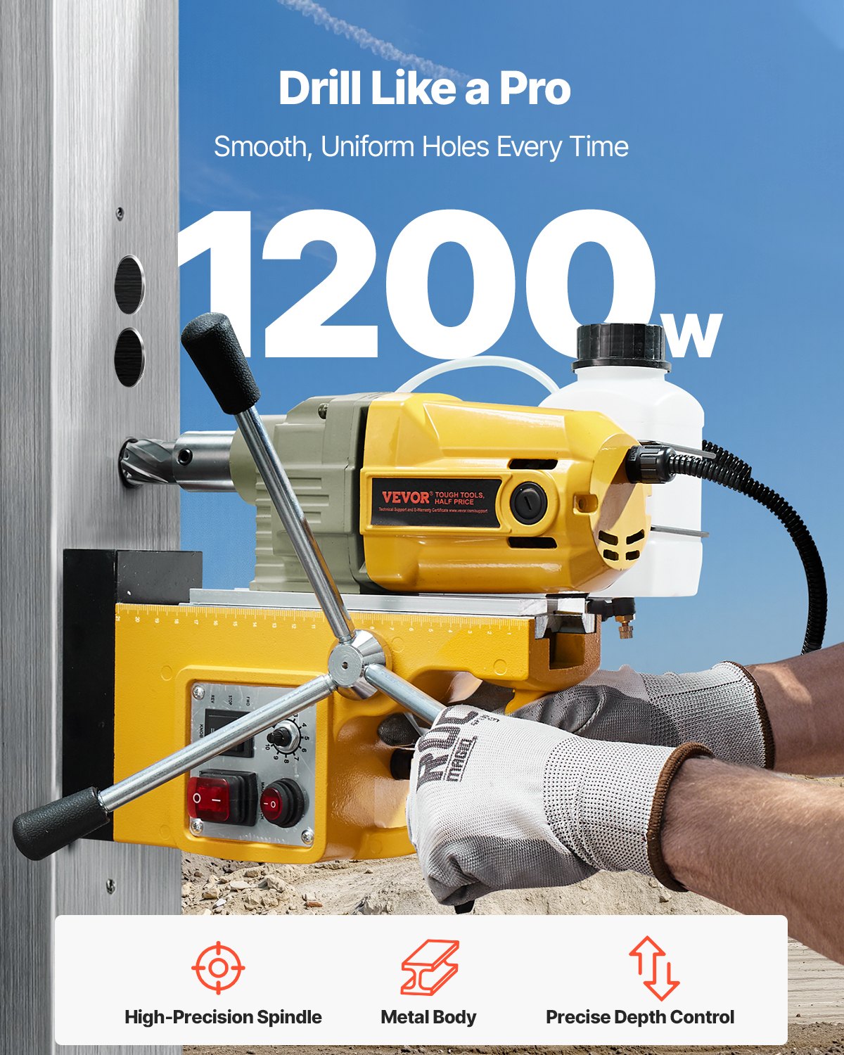 Magnetic Drill 1200W 1.6 Inch Boring Electric Mag Drill Press 2 Bits Yellow