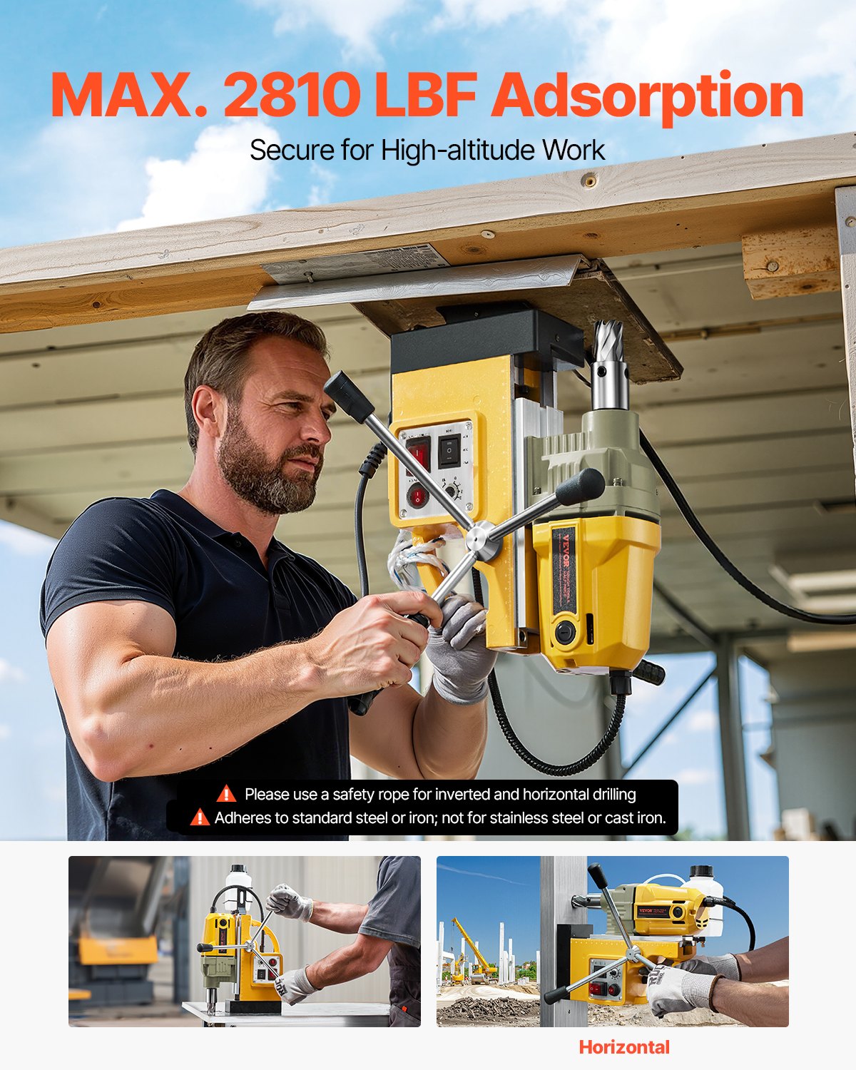 Magnetic Drill 1200W 1.6 Inch Boring Electric Mag Drill Press 2 Bits Yellow