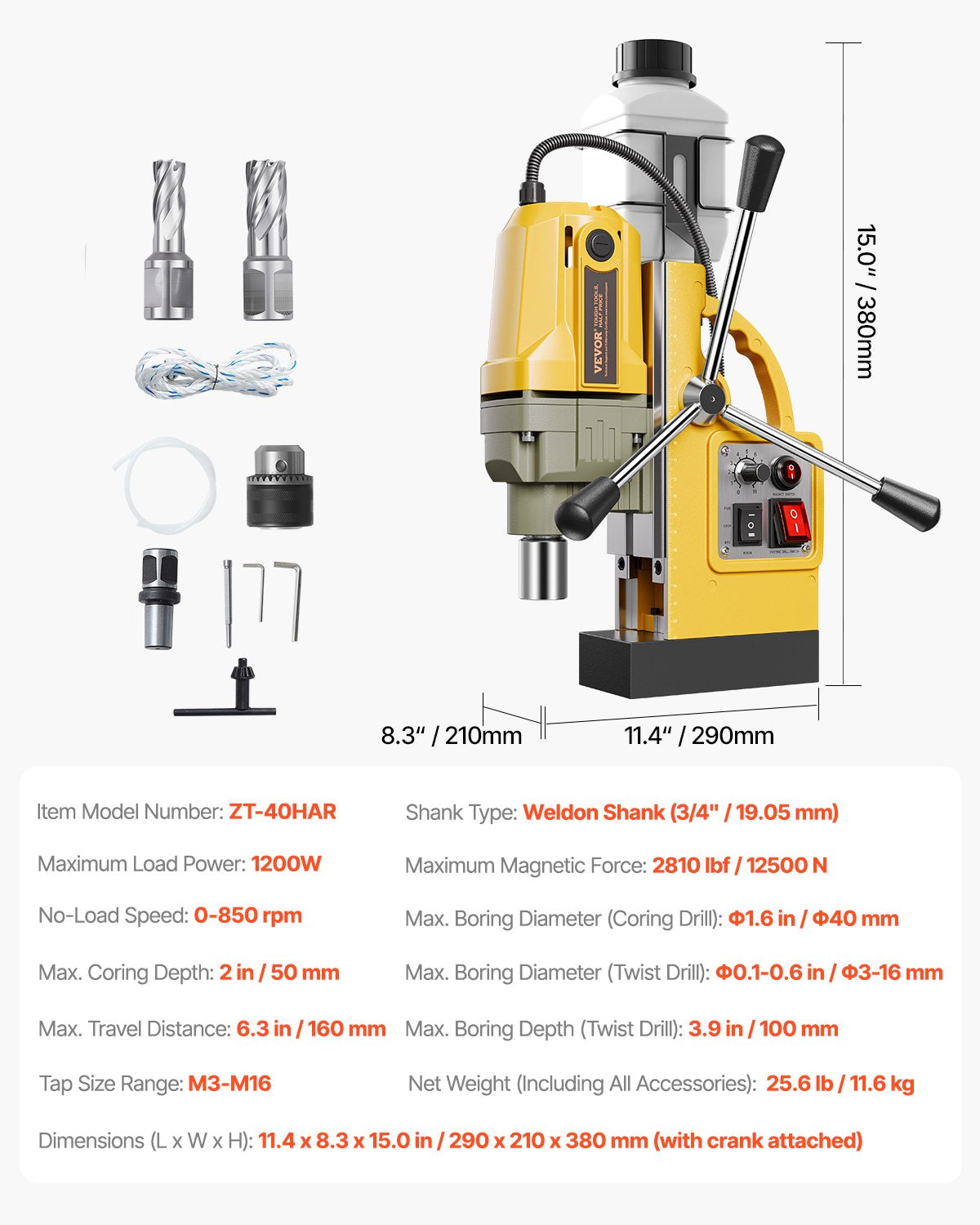 Magnetic Drill 1200W 1.6 Inch Boring Electric Mag Drill Press 2 Bits Yellow