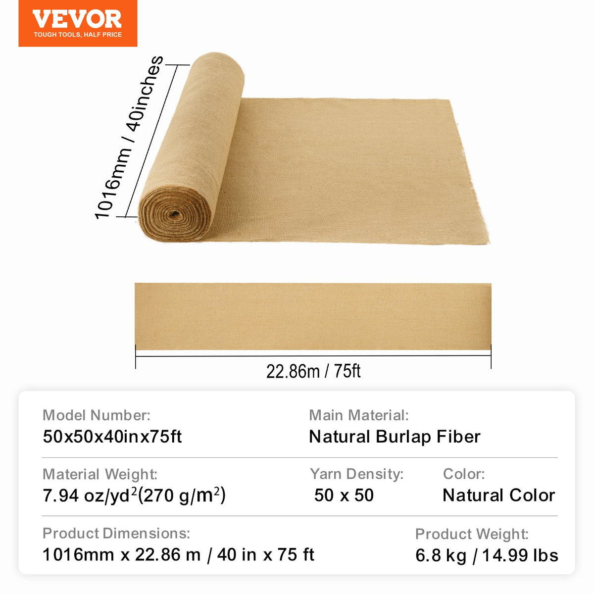 Burlap Fabric Roll 1016mm x 22.86m 50x50 Natural Jute Crafts Decor Gardening