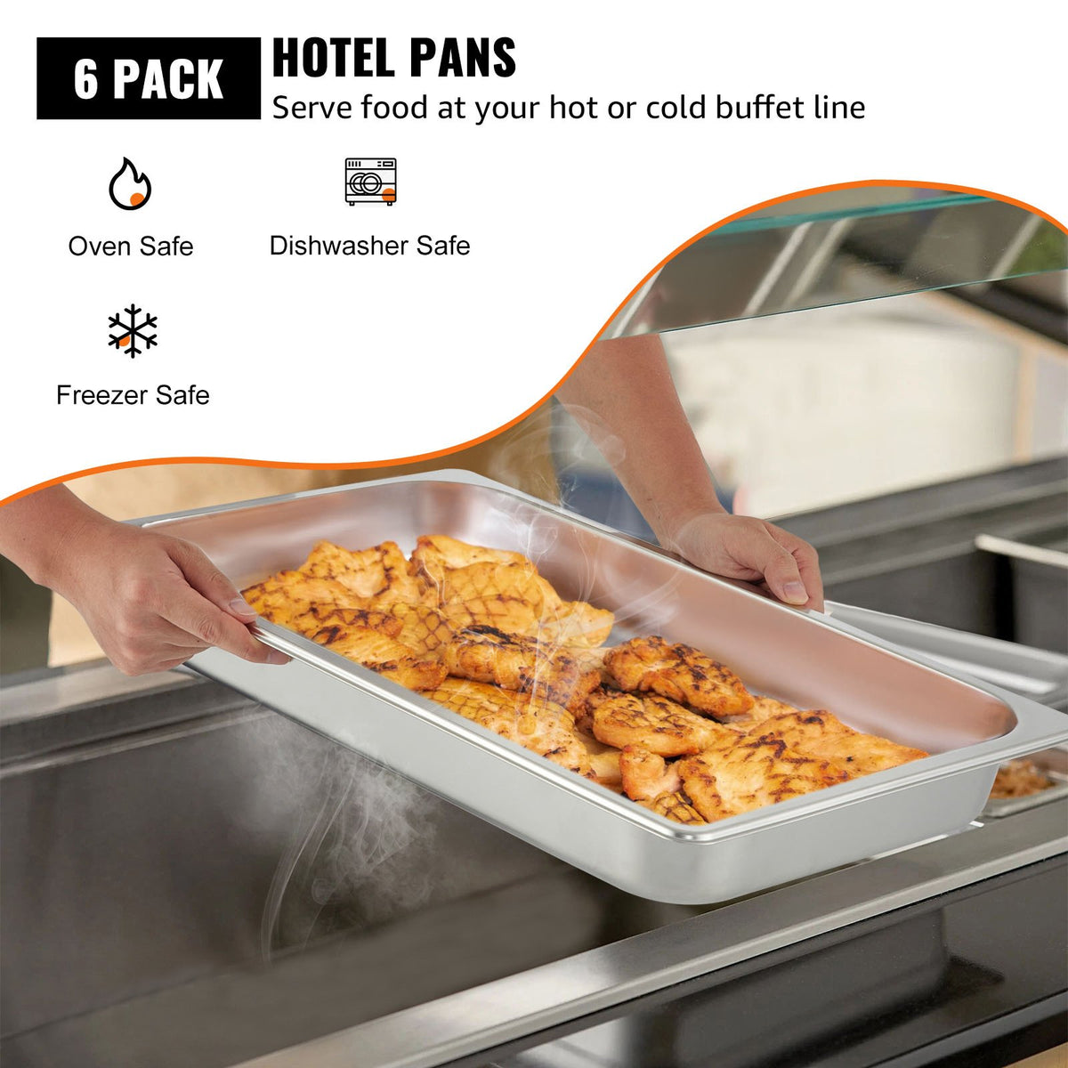 6-Pack Full Size 2.5" Deep Stainless Steel Hotel Pans, 22 Gauge, Anti-Jam