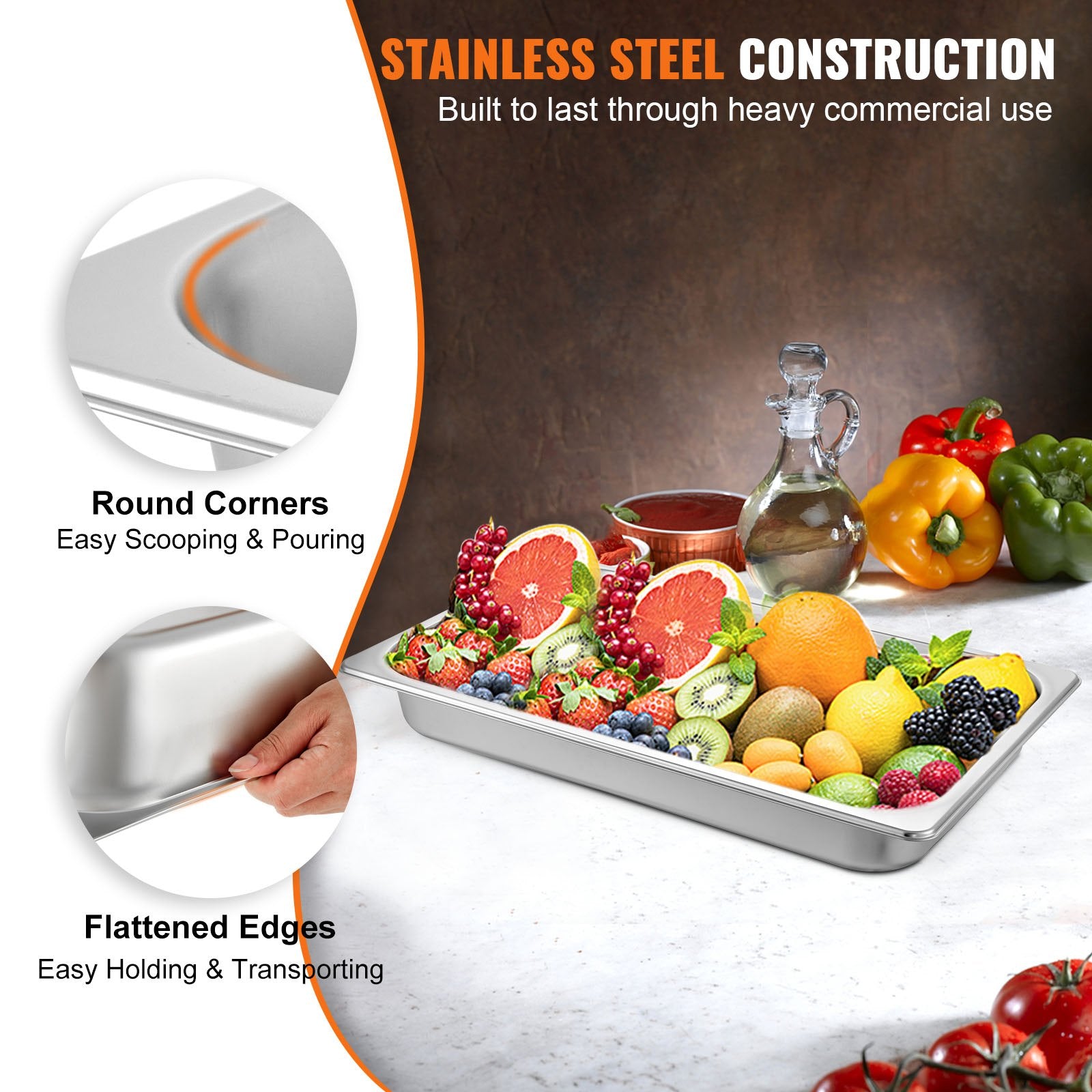 6-Pack Full Size 2.5" Deep Stainless Steel Hotel Pans, 22 Gauge, Anti-Jam