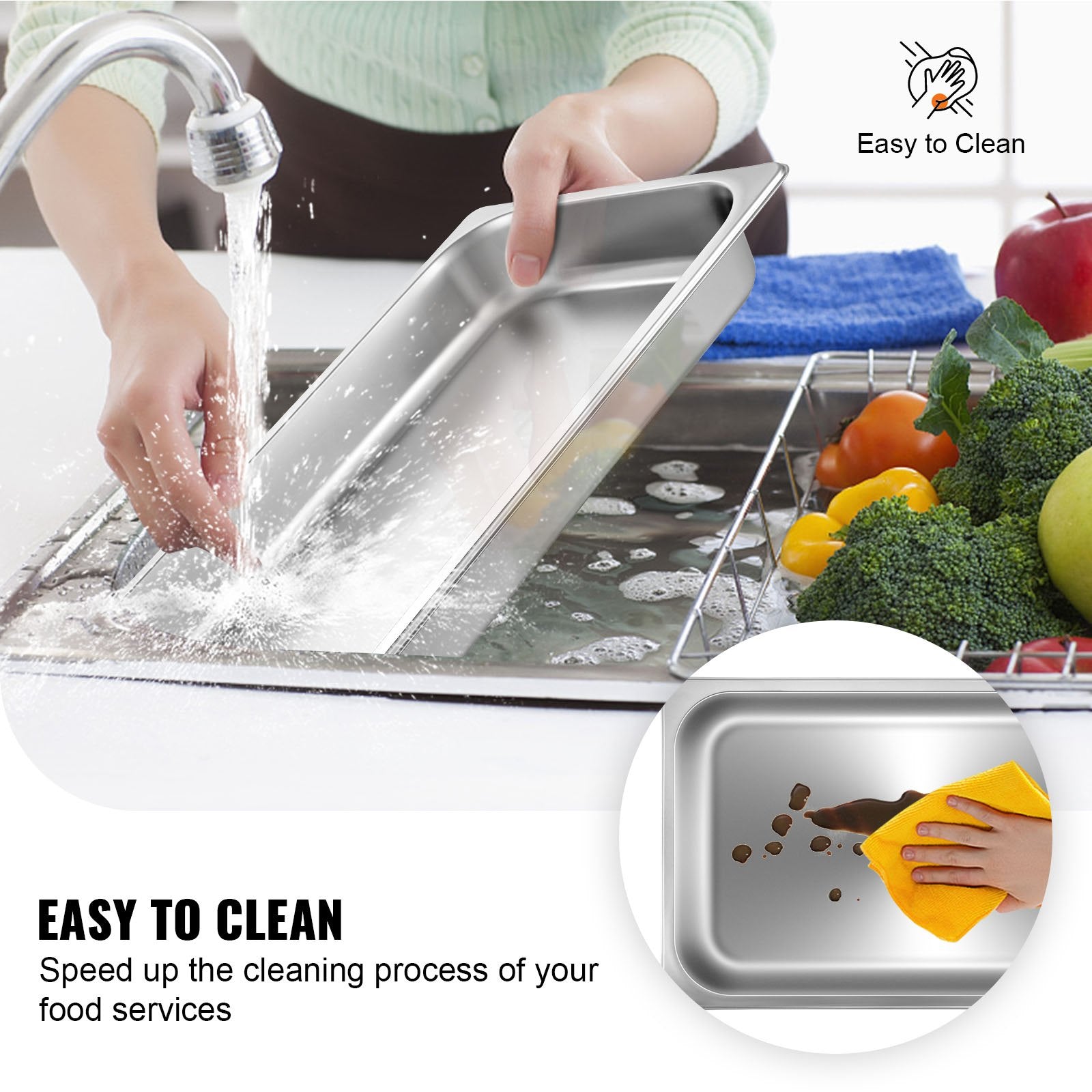 6-Pack Full Size 2.5" Deep Stainless Steel Hotel Pans, 22 Gauge, Anti-Jam