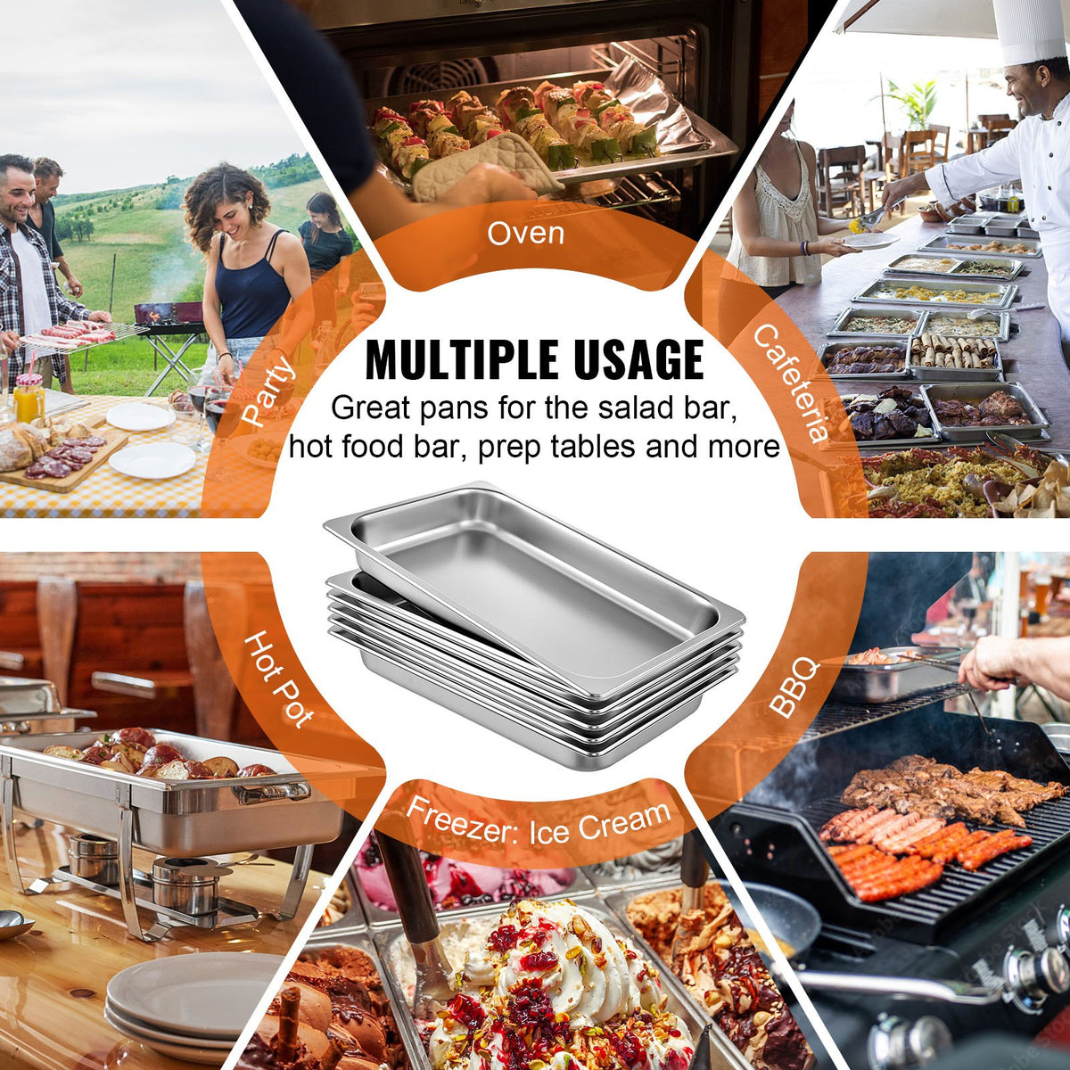 6-Pack Full Size 2.5" Deep Stainless Steel Hotel Pans, 22 Gauge, Anti-Jam