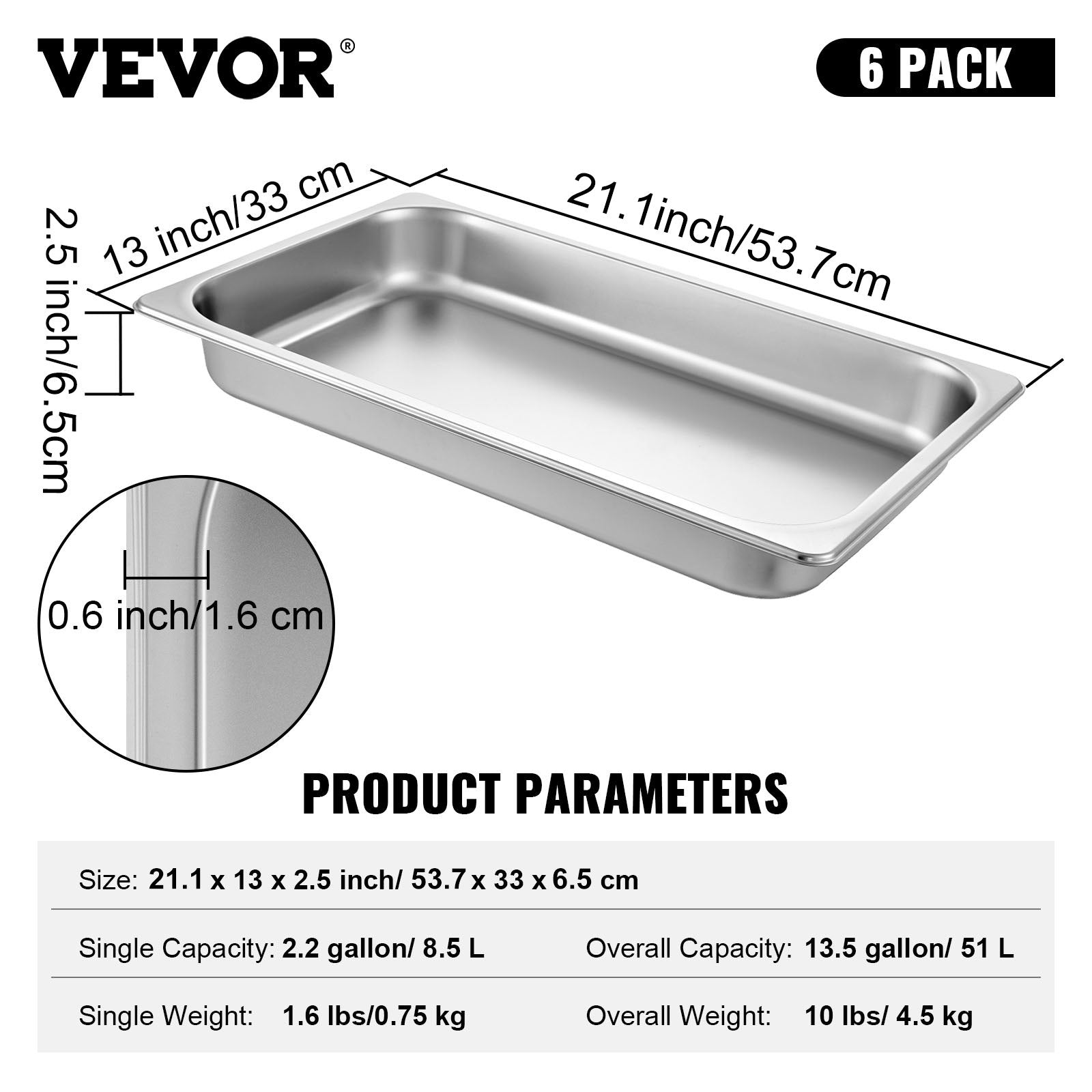 6-Pack Full Size 2.5" Deep Stainless Steel Hotel Pans, 22 Gauge, Anti-Jam