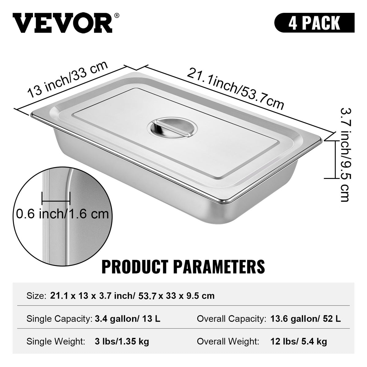 4 Pack 3.7" Full Size Deep Stainless Steel Steam Table Pan with Lid