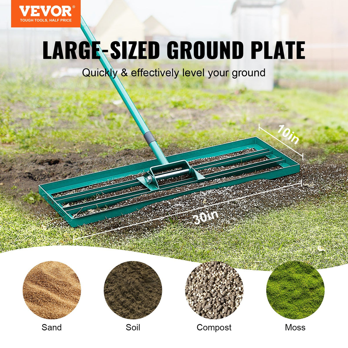 Lawn Leveling Rake 30"x10" Heavy-Duty with 78" Steel Handle