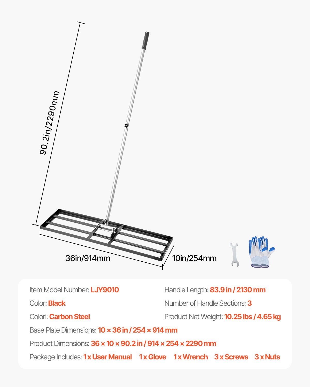 254 x 914 mm Lawn Leveling Rake 2130 mm Adjustable Handle for Yard Golf Court