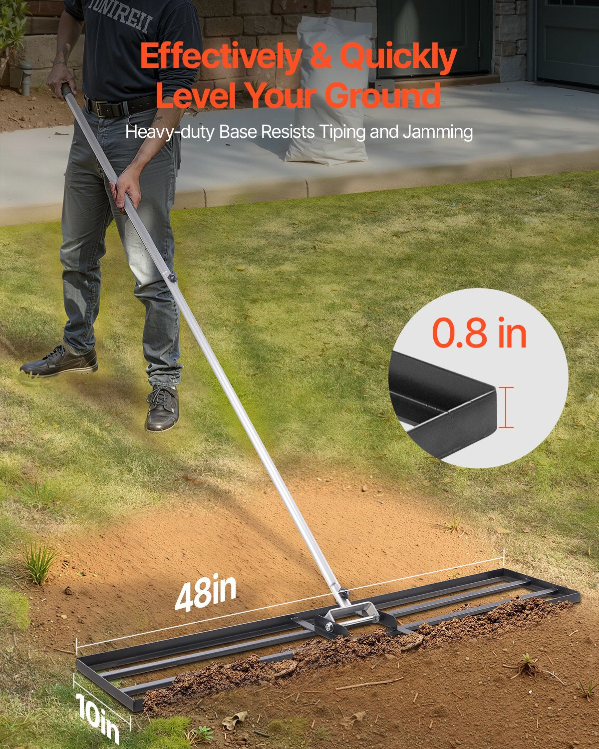 254 x 1219 mm Lawn Leveling Rake 2130 mm Adjustable Handle for Yard Golf Court