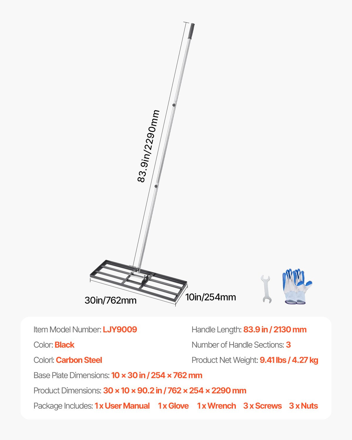 254 x 762 mm Lawn Leveling Rake 2130 mm Adjustable Handle for Yard Golf Court