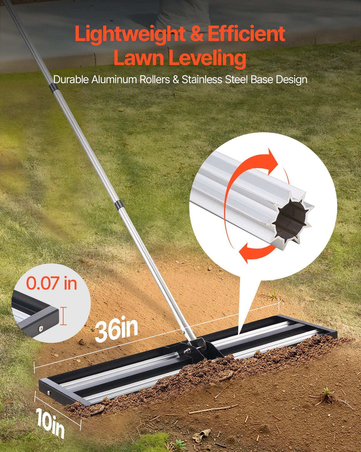 254 x 914 mm Lawn Leveling Rake with 2130 mm Adjustable Handle for Yard Garden