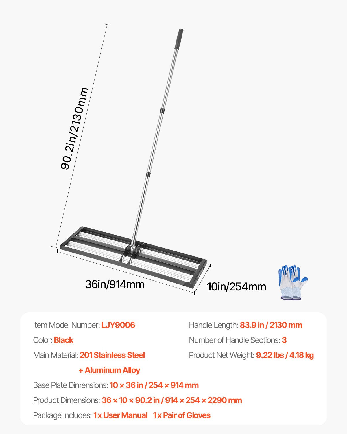 254 x 914 mm Lawn Leveling Rake with 2130 mm Adjustable Handle for Yard Garden