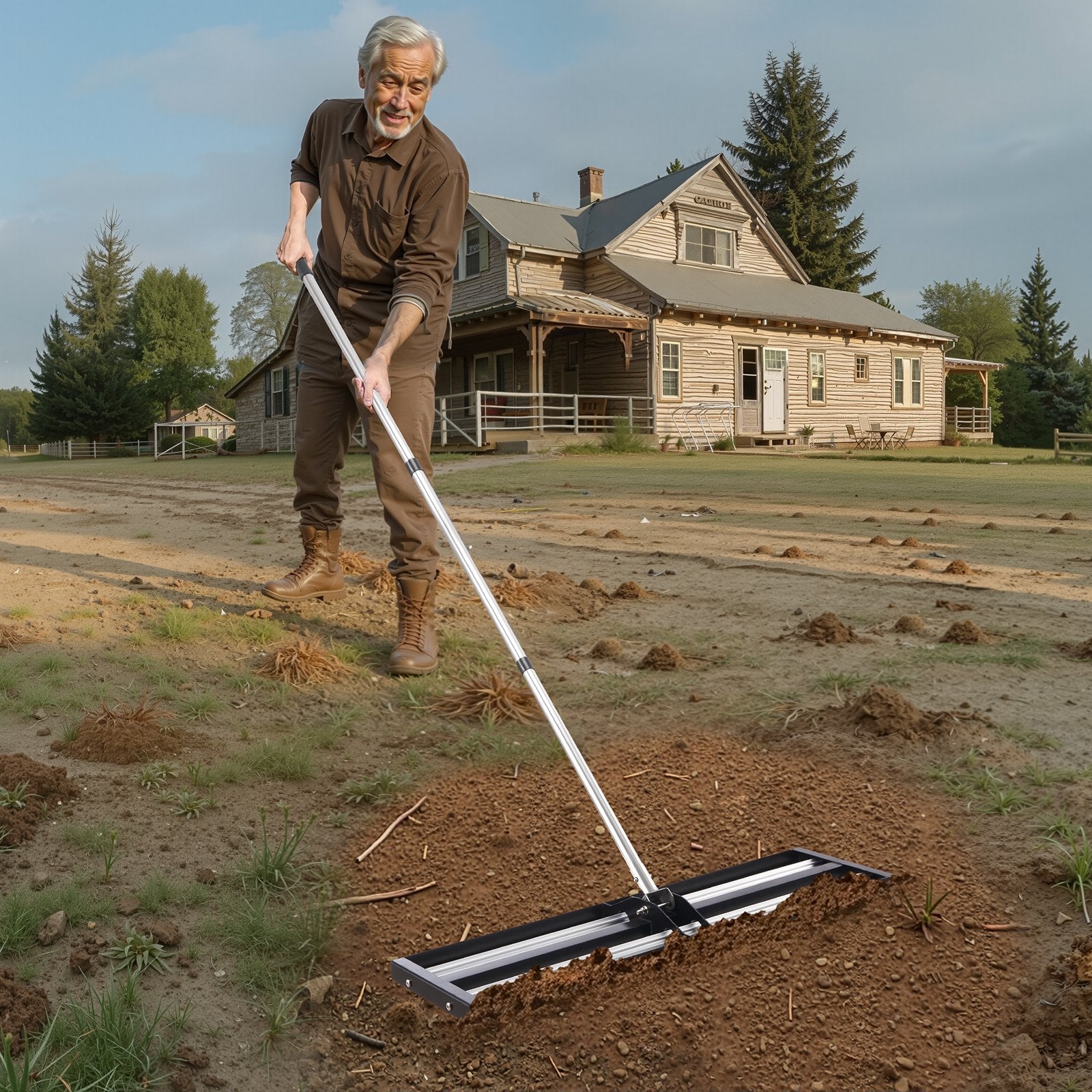 254 x 914 mm Lawn Leveling Rake with 2130 mm Adjustable Handle for Yard Garden