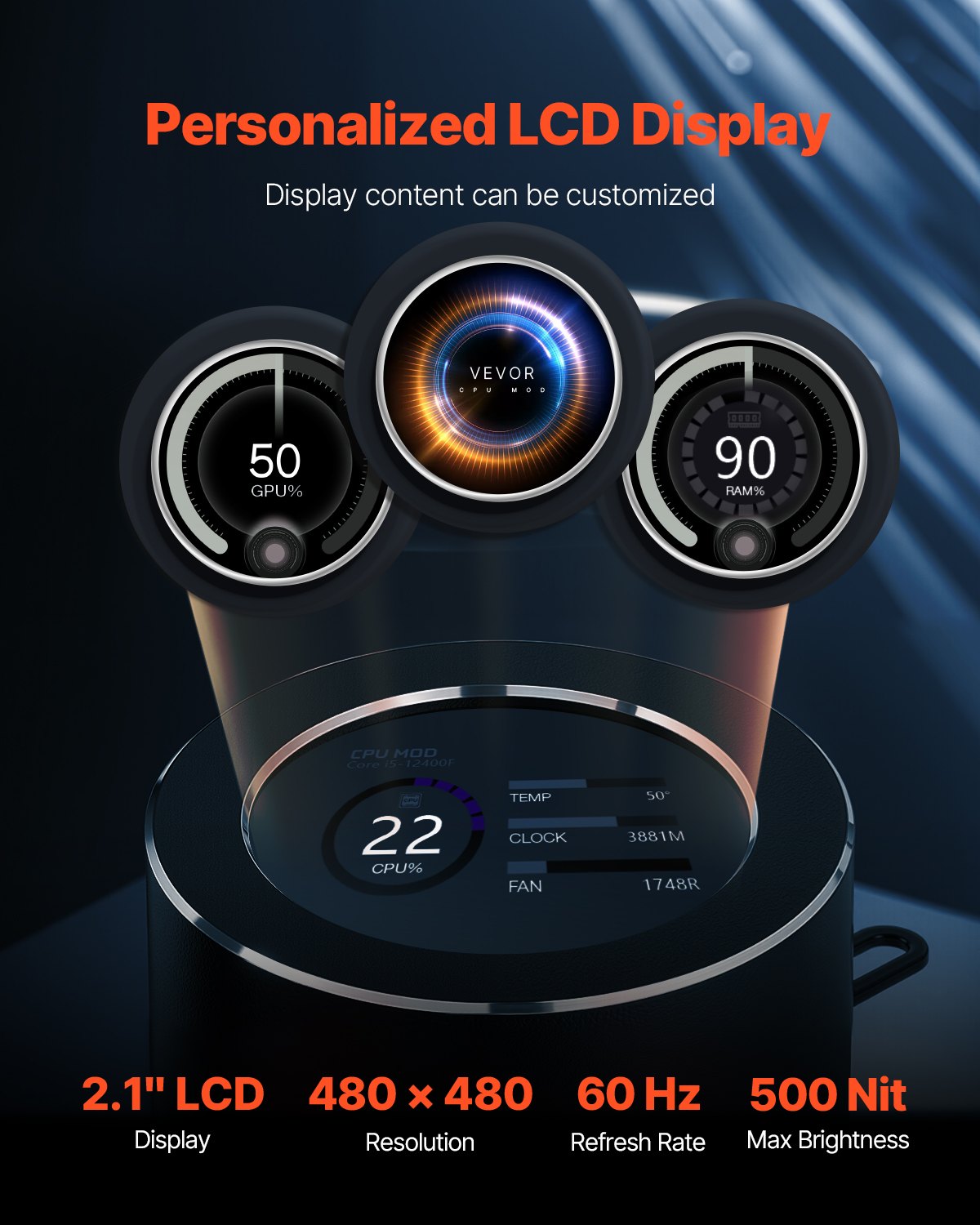CPU Liquid Cooler AIO 120mm Fans with Pump, 2.1'' LCD ARGB Black for Intel & AMD