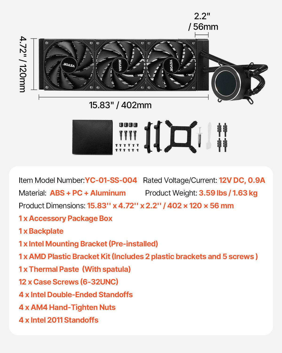 CPU Liquid Cooler AIO 3x120mm Fans 2.1in LCD Display 2200RPM Intel AMD